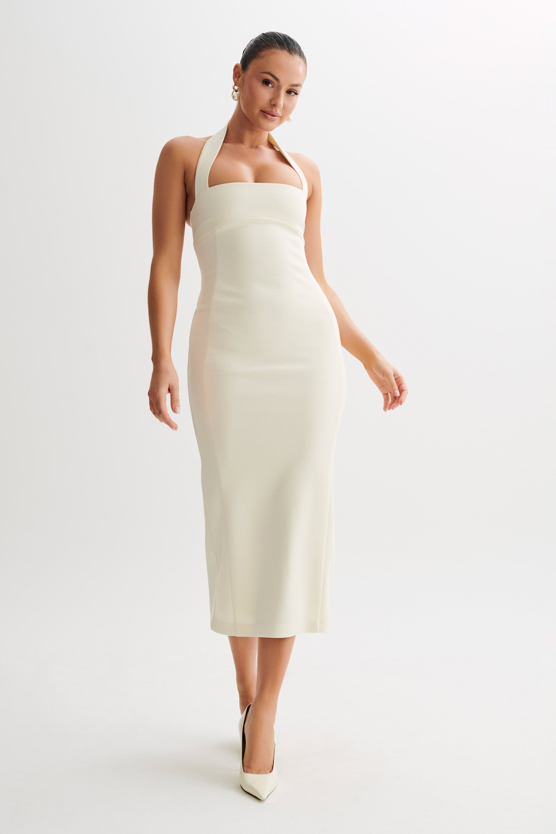 white halter midi dress Elliott A-Line Neck feminine silhouette Helsa Faille Halter Midi Dress