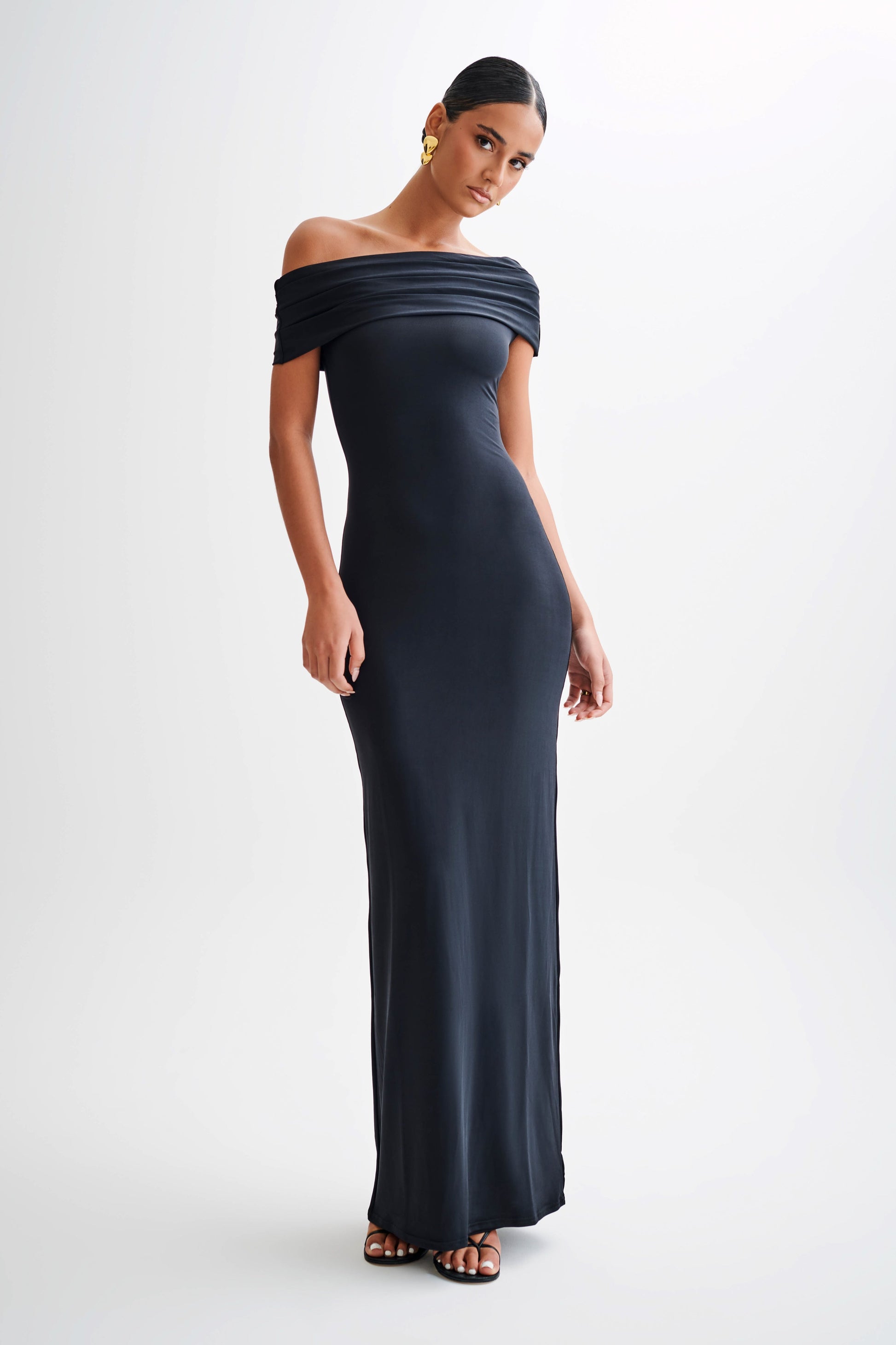 Cassandra Off Shoulder Slinky Maxi Dress - Black | MESHKI US Cassandra Off Shoulder Slinky Maxi Dress - Black | MESHKI US