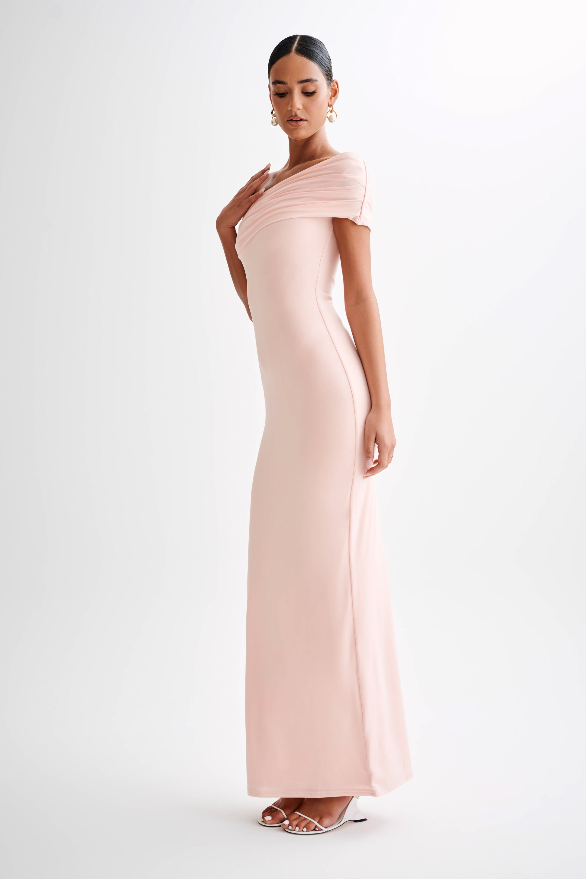 Cassandra Off Shoulder Slinky Maxi Dress / Pale Pink | MESHKI | XXL Cassandra Off Shoulder Slinky Maxi Dress / Pale Pink | MESHKI | XXL