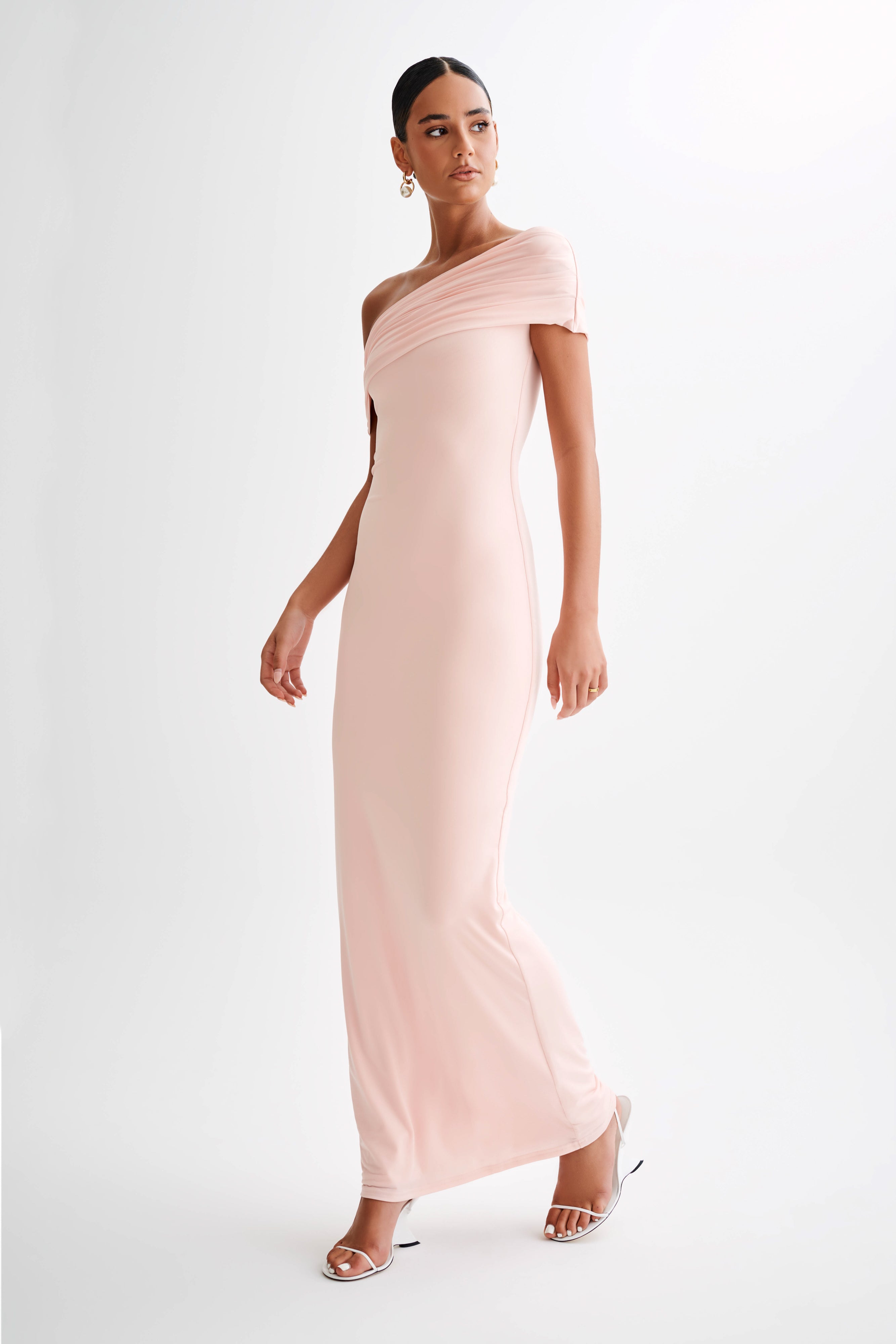 Cassandra Off Shoulder Slinky Maxi Dress - Pale Pink | MESHKI US