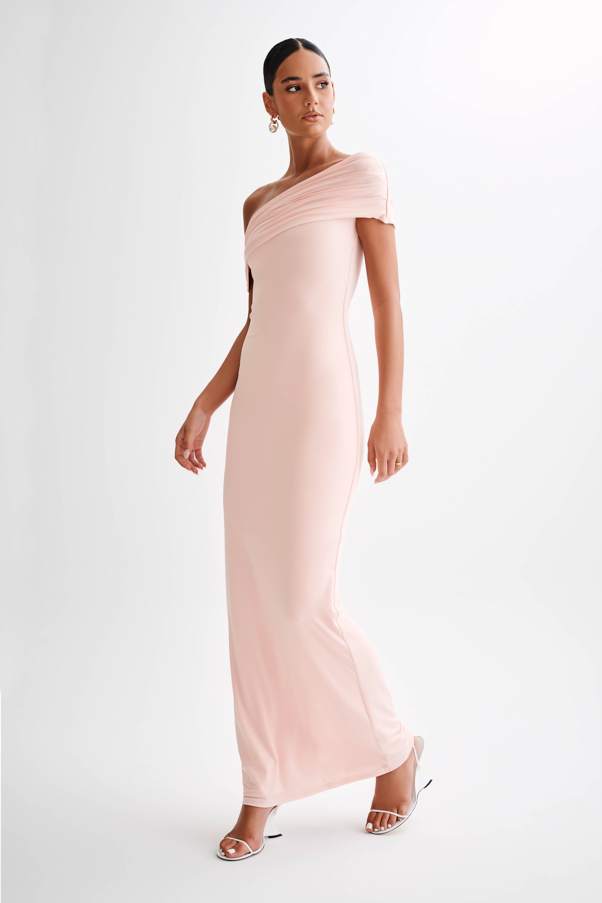 Cassandra Off Shoulder Slinky Maxi Dress / Pale Pink | Meshki | XXL Cassandra Off Shoulder Slinky Maxi Dress / Pale Pink | Meshki | XXL