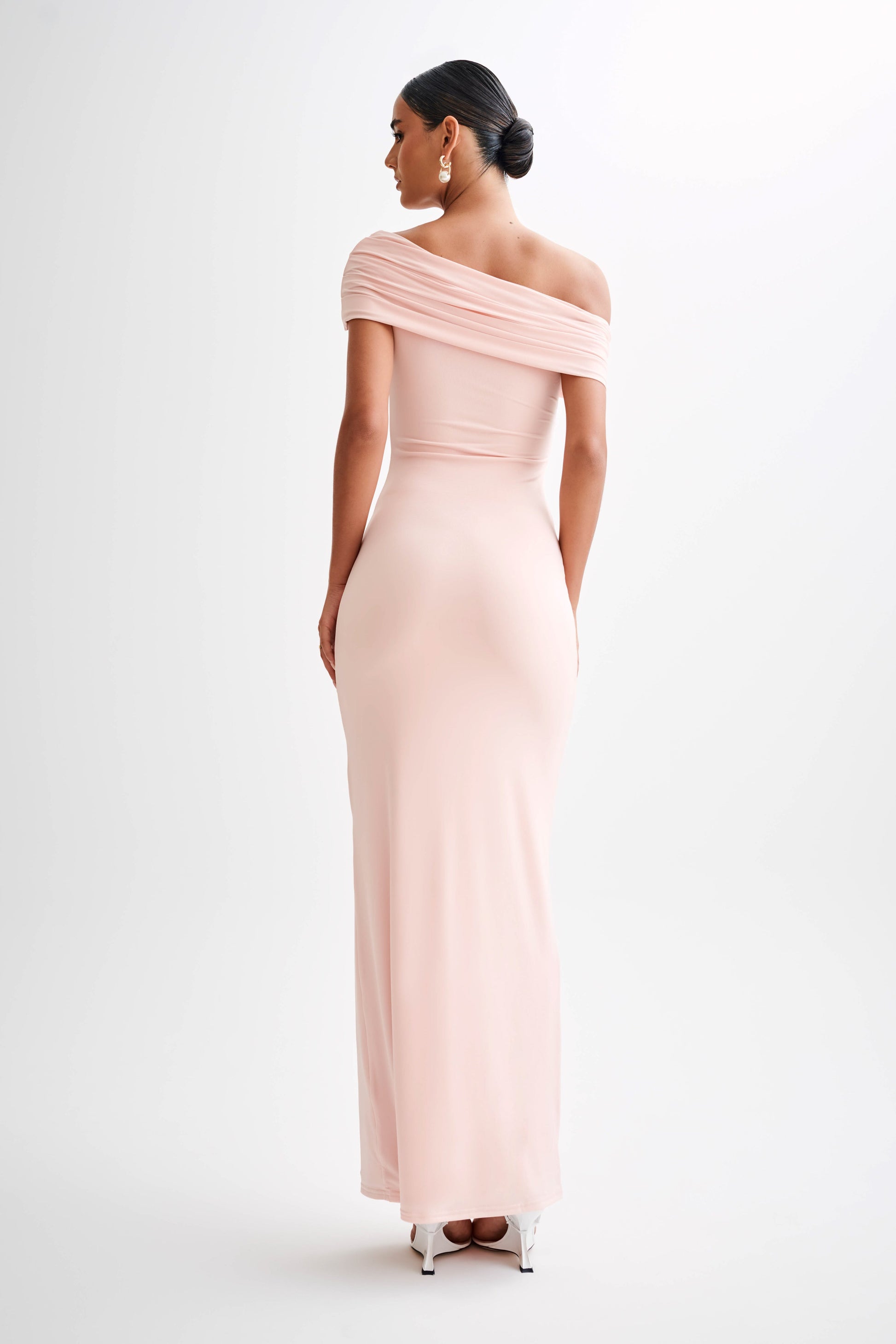 Cassandra Off Shoulder Slinky Maxi Dress - Pale Pink | MESHKI US Cassandra Off Shoulder Slinky Maxi Dress - Pale Pink | MESHKI US