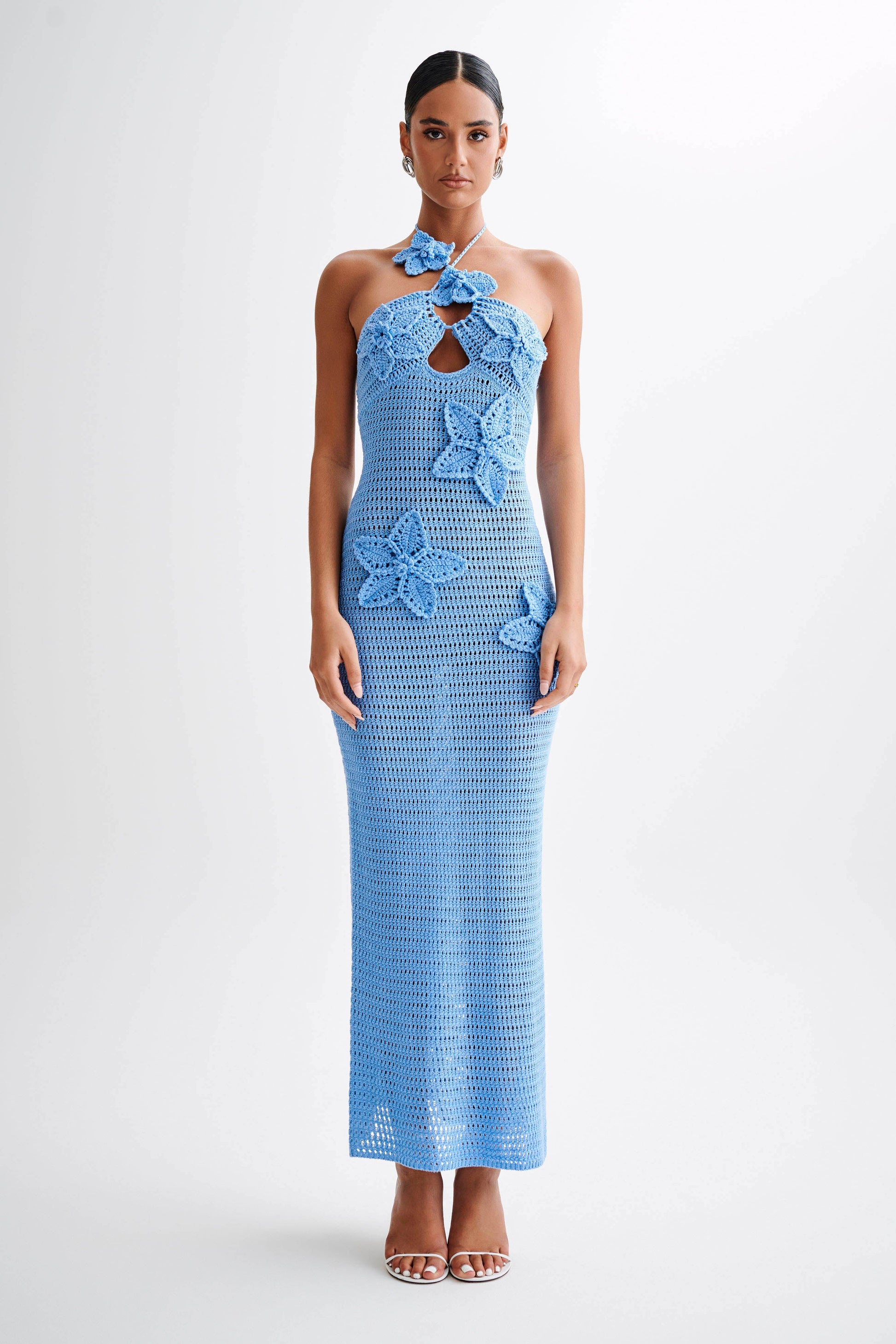 Kyla Floral Crochet Maxi Dress - Cornflower Blue | MESHKI US 