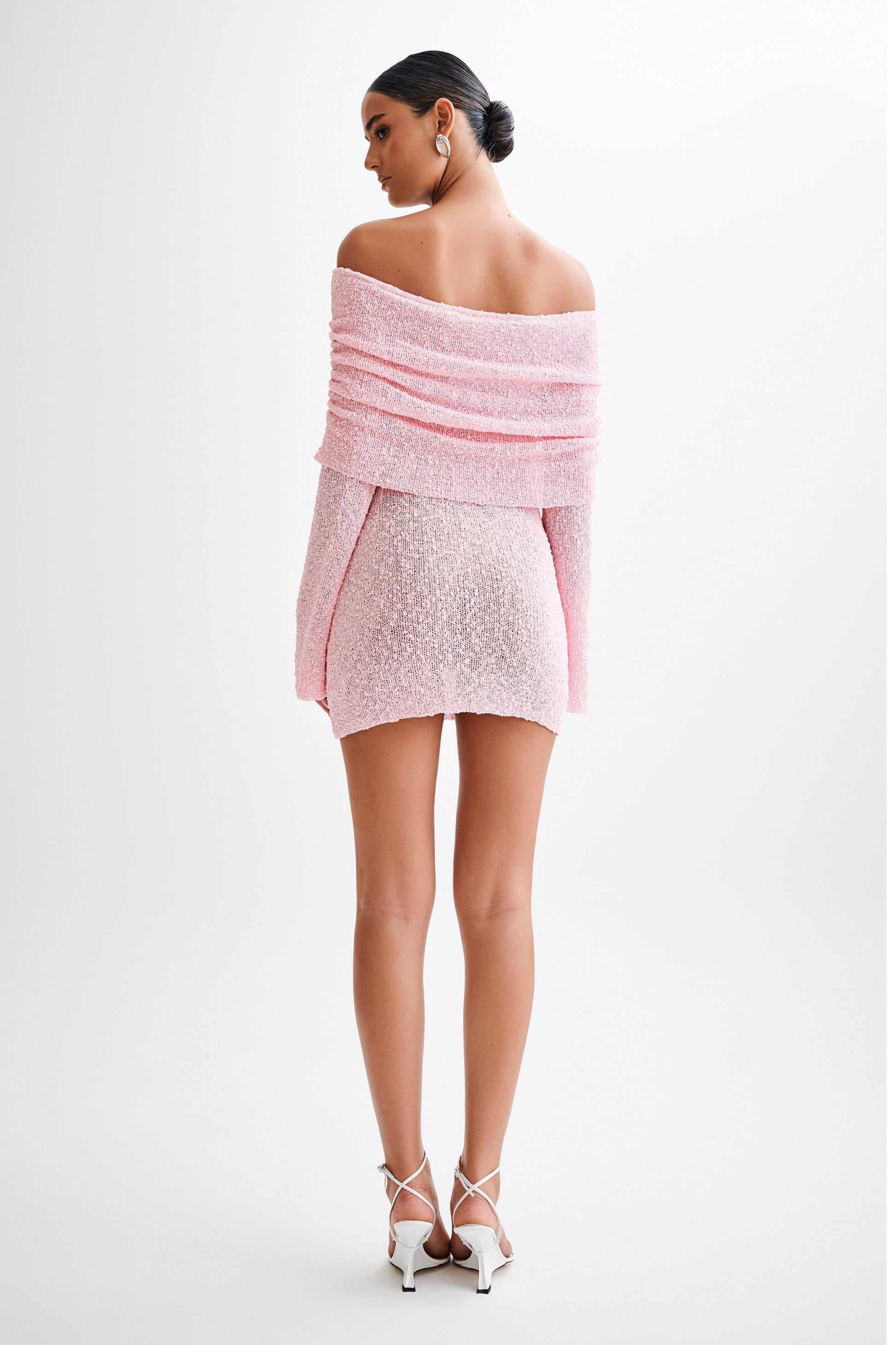cosy up long sleeve boucle mini dress Marisol Off Shoulder Boucle Mini Dress / Baby Pink | MESHKI