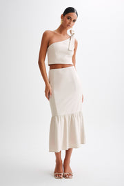 Venezia Linen Midi Skirt With Ruffle - Natural