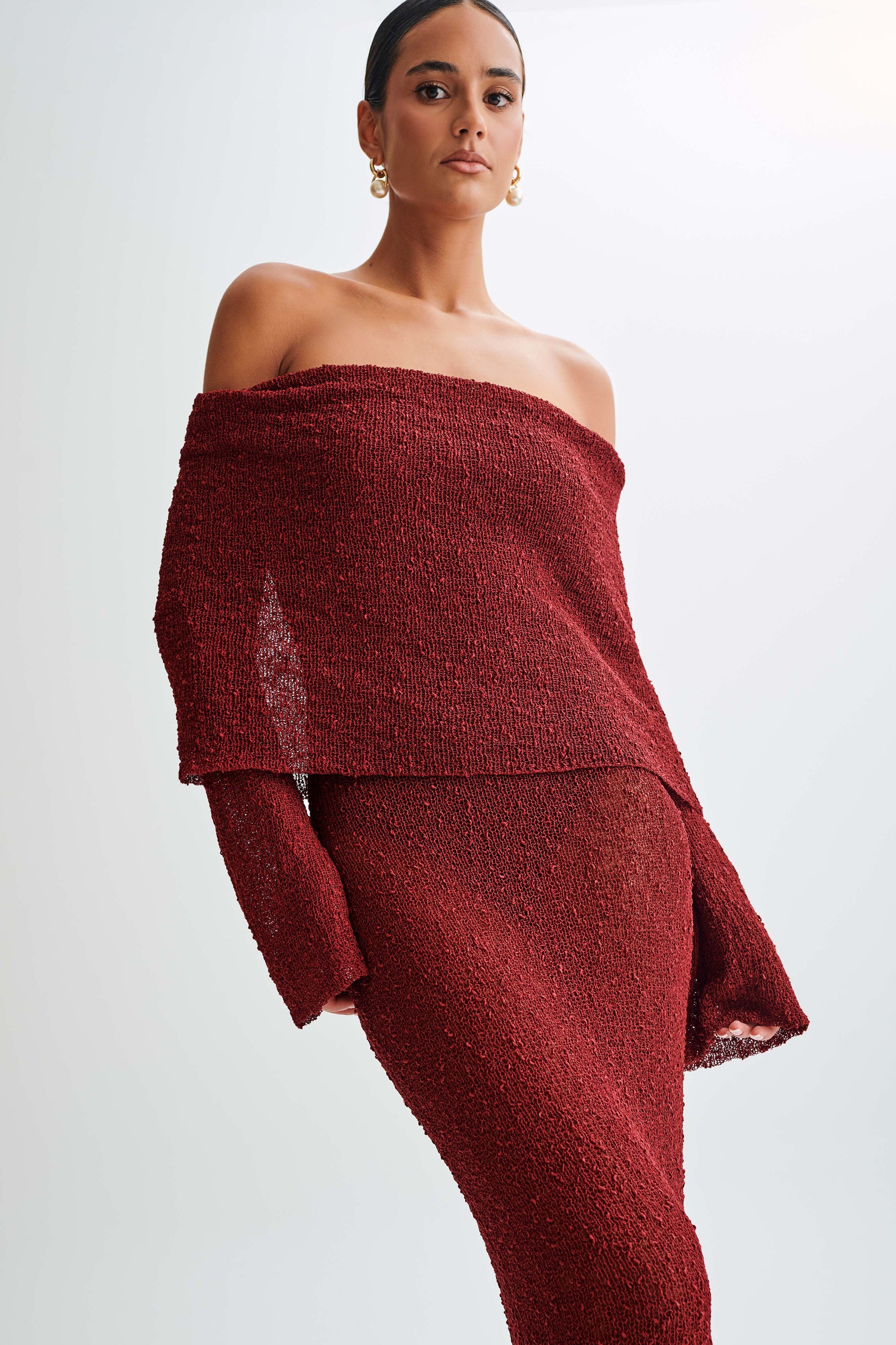 Marisol Off Shoulder Boucle Maxi Dress - Plum #7