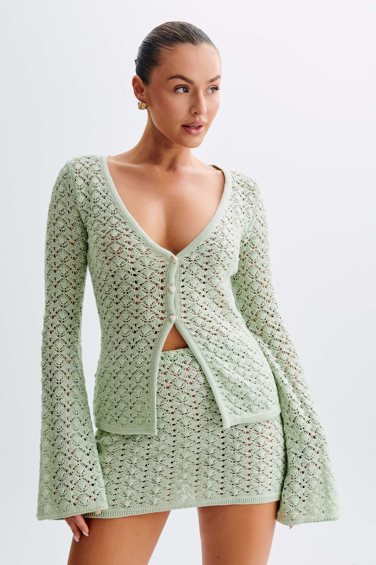 Murphy Long Sleeve Knit Shell Button Cardigan - Pastel Green #4