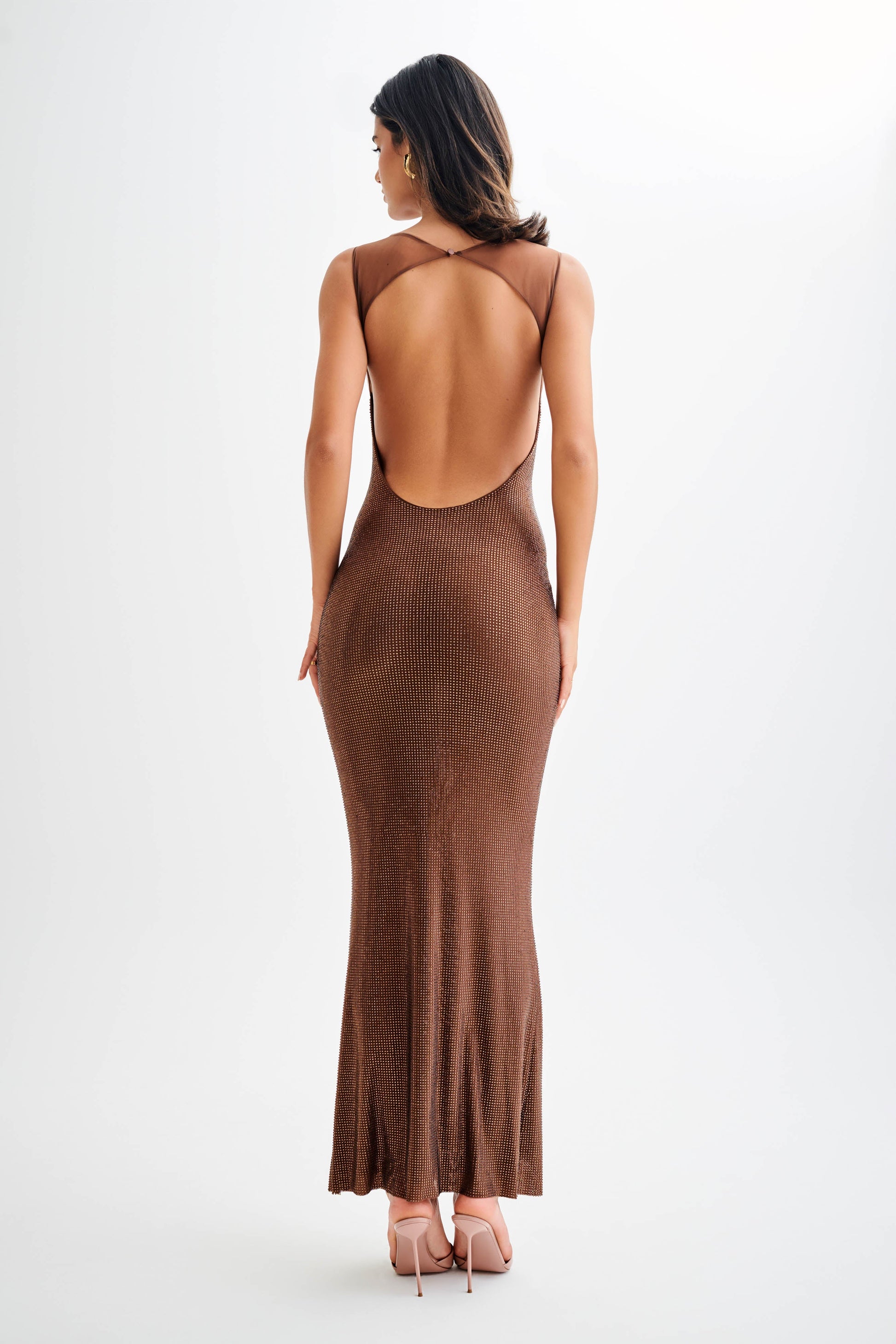 Jasmyn Hot Fix Maxi Dress With Mesh Back / Chocolate | MESHKI