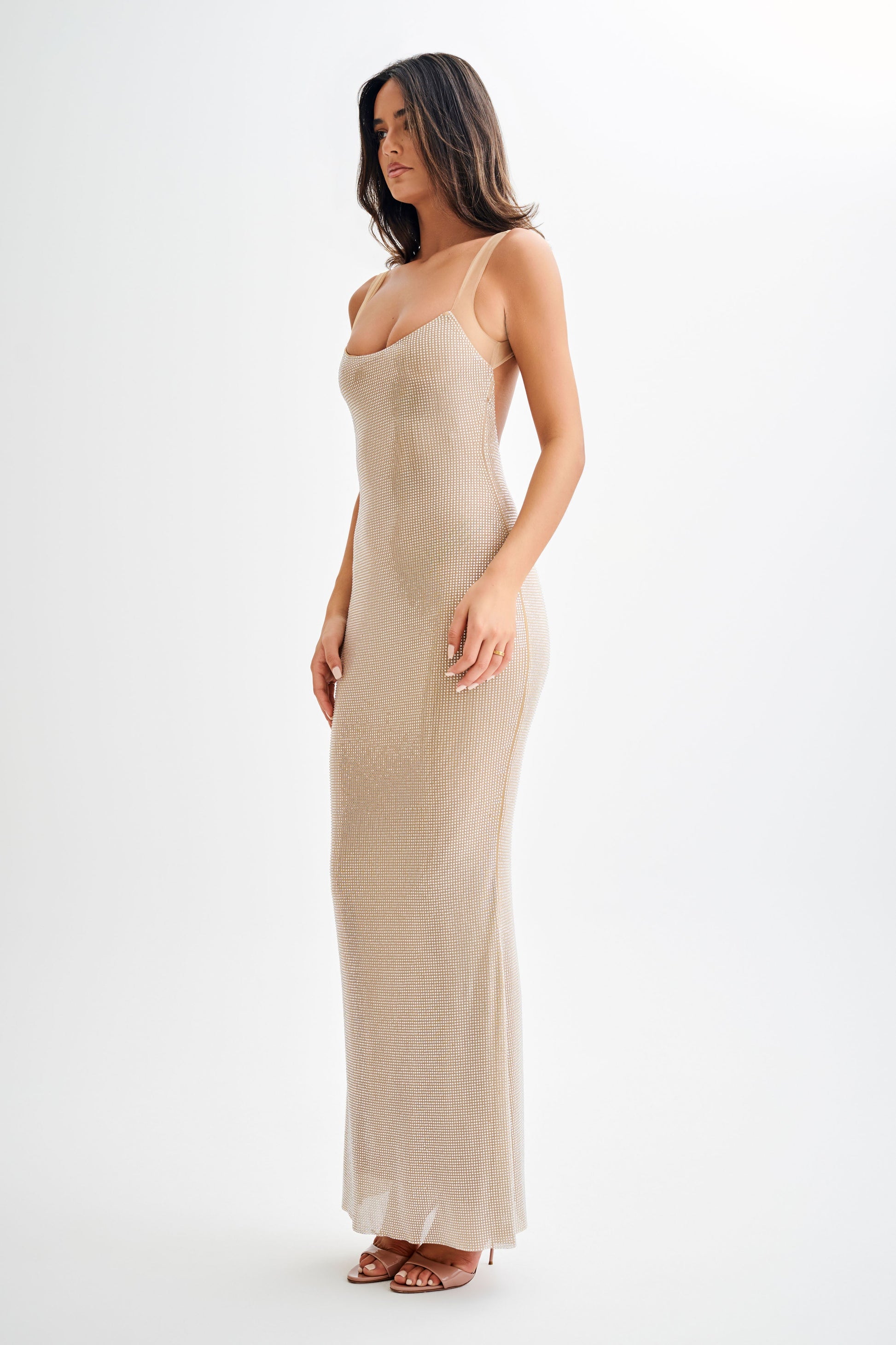 Jasmyn Hot Fix Maxi Dress with Mesh Back / Nude | Meshki | XL Jasmyn Hot Fix Maxi Dress with Mesh Back / Nude | Meshki | XL