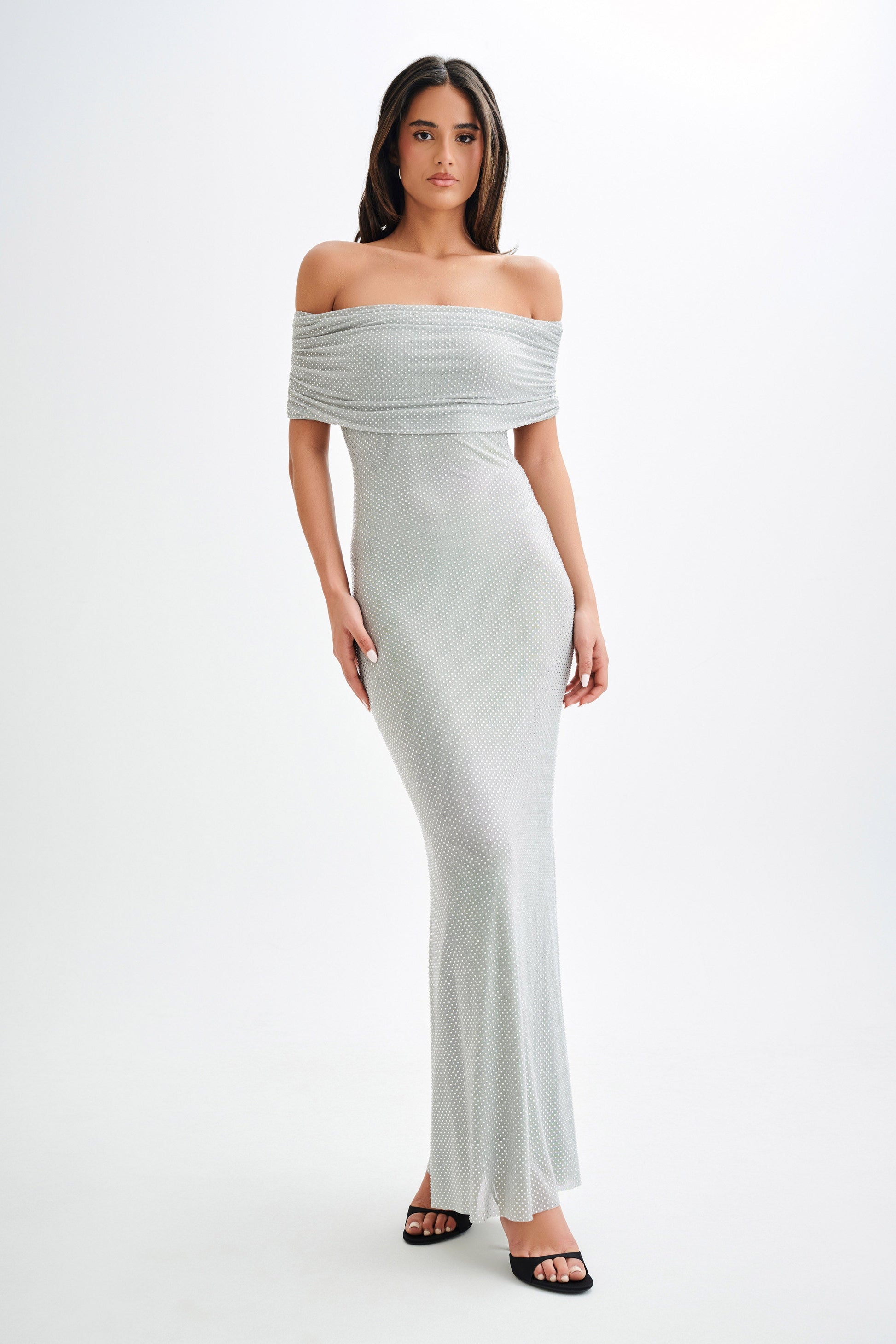 Arna Off Shoulder Diamante Maxi Dress / Silver | MESHKI Arna Off Shoulder Diamante Maxi Dress / Silver | MESHKI