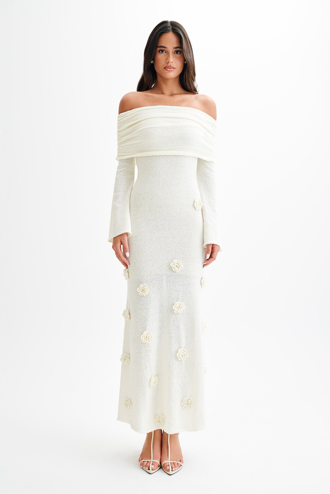 Kiki Off Shoulder Knit Rose Maxi Dress / Ivory | MESHKI