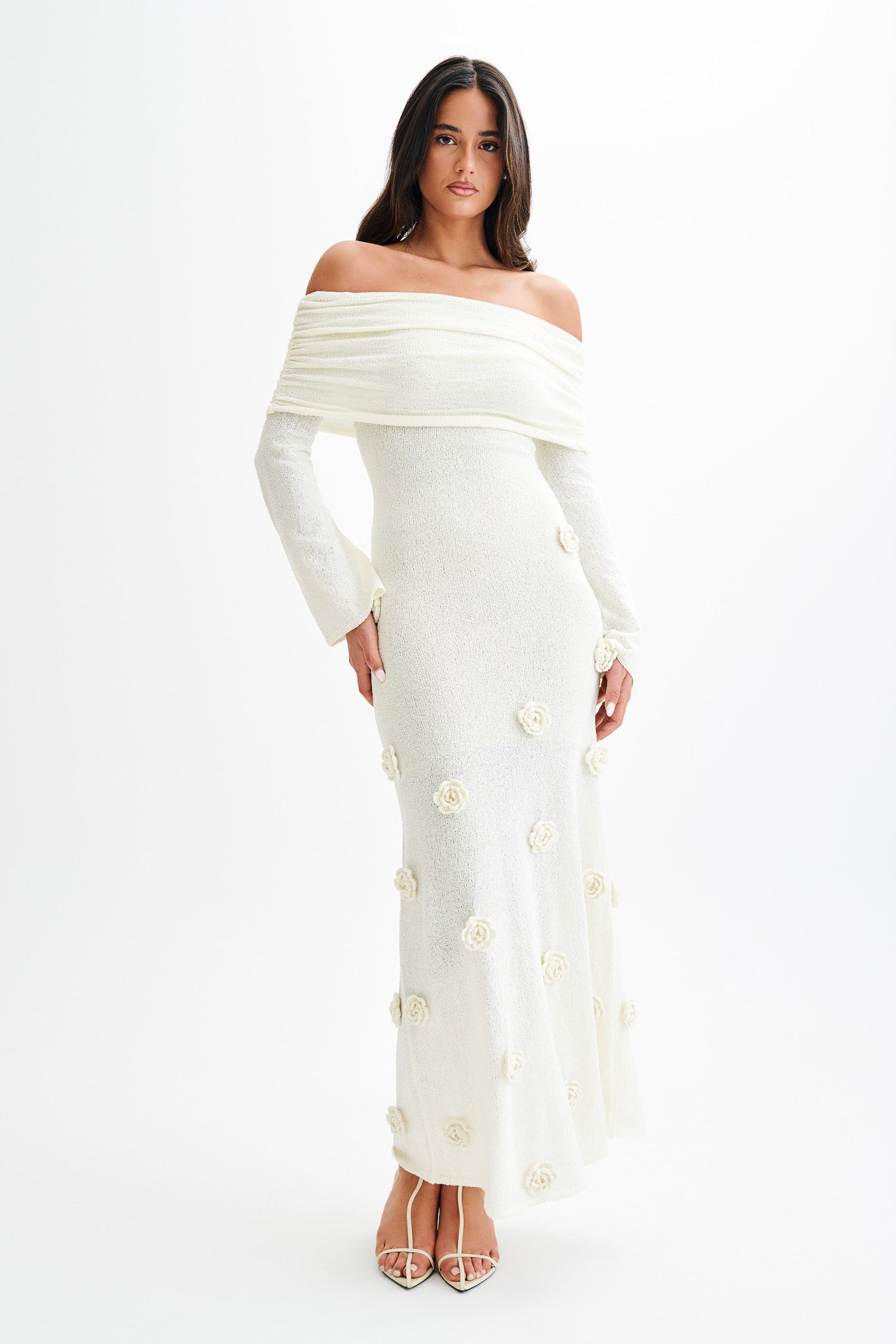 Kiki Off Shoulder Knit Rose Maxi Dress / Ivory | MESHKI Kiki Off Shoulder Knit Rose Maxi Dress / Ivory | MESHKI