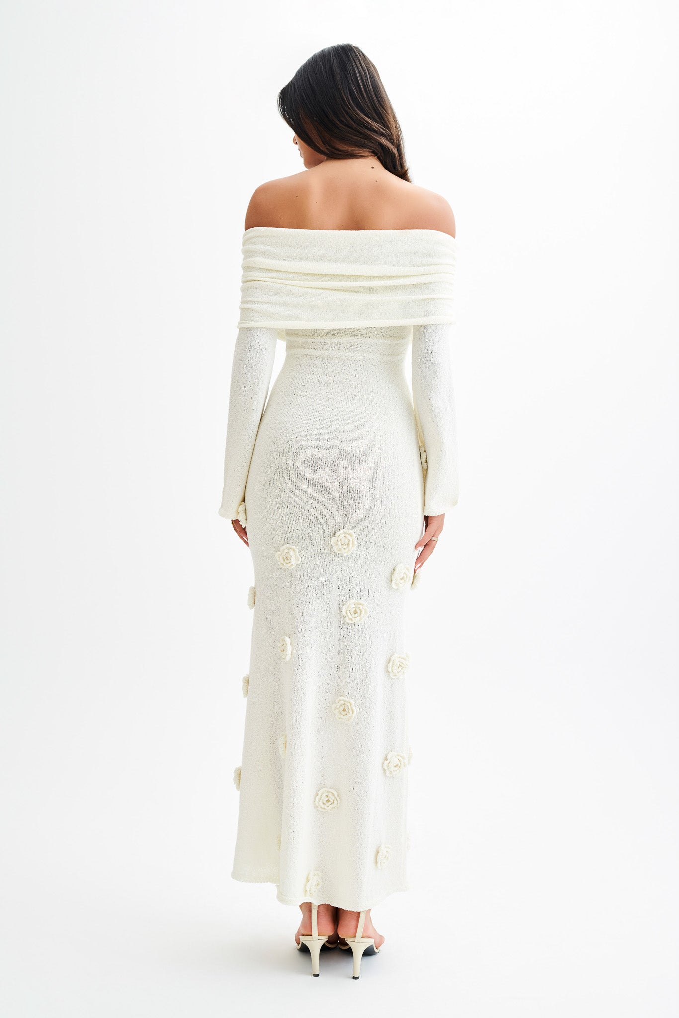 Kiki Off Shoulder Knit Rose Maxi Dress / Ivory | MESHKI