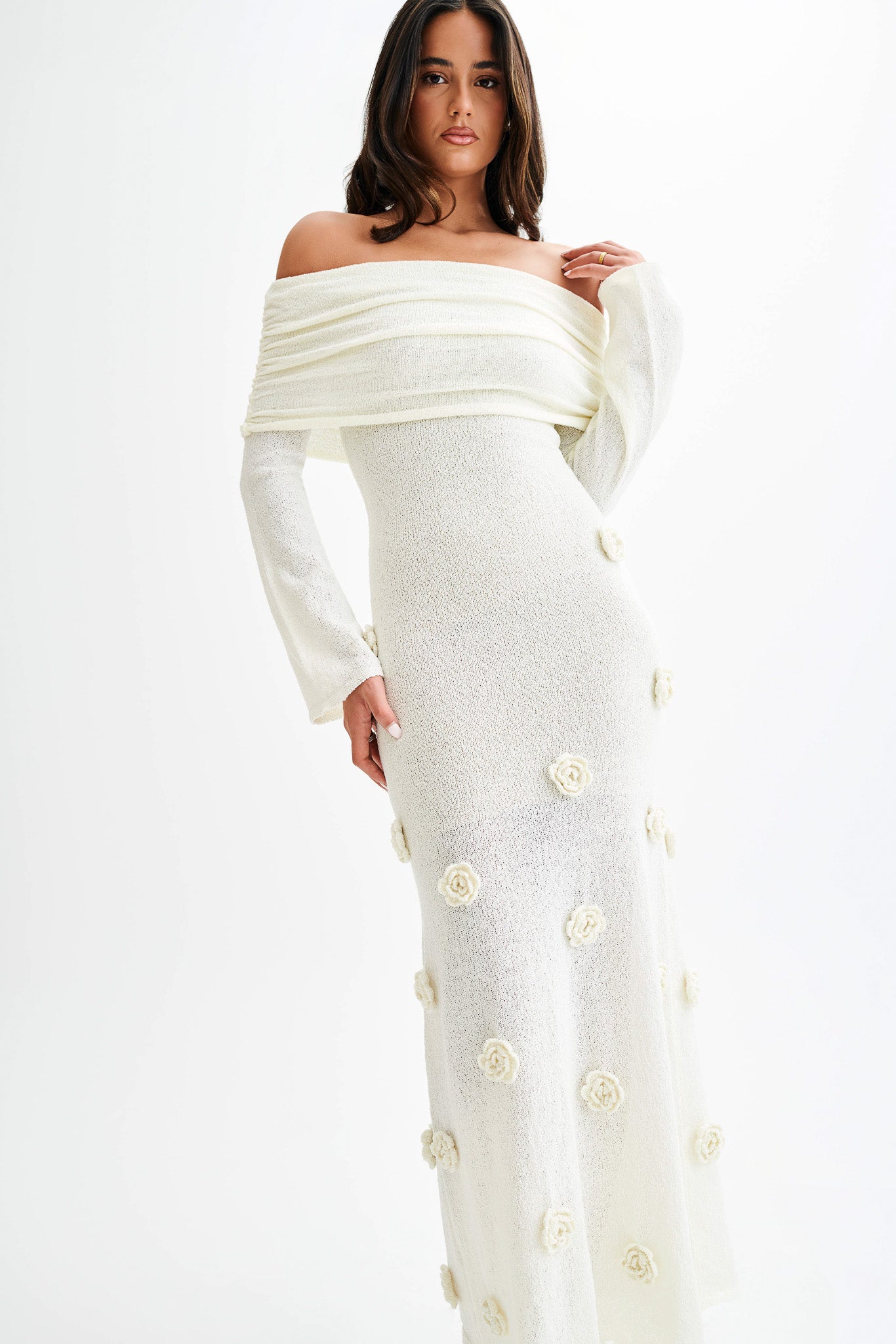 Kiki Off Shoulder Knit Rose Maxi Dress / Ivory | MESHKI