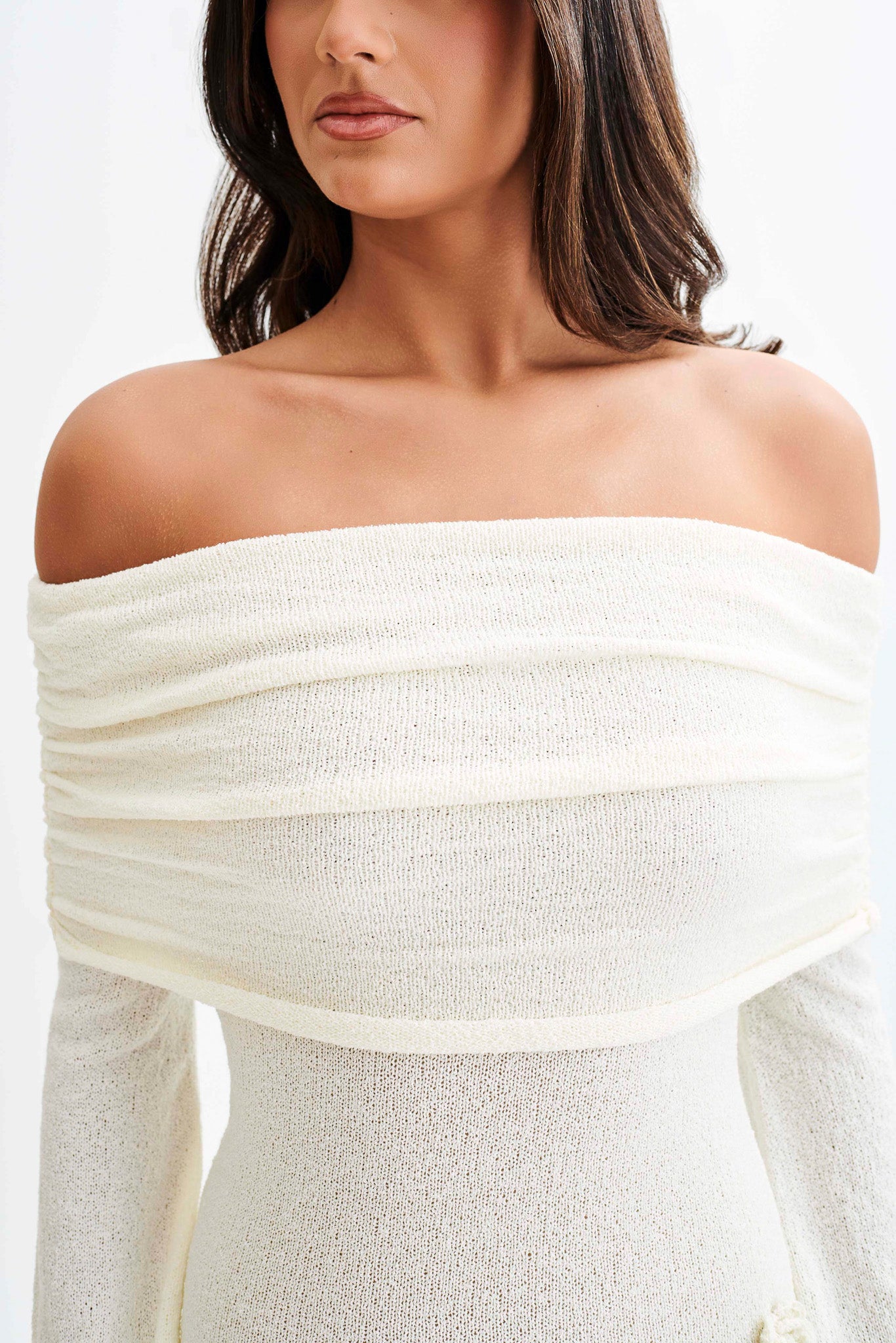 Kiki Off Shoulder Knit Rose Maxi Dress / Ivory | MESHKI