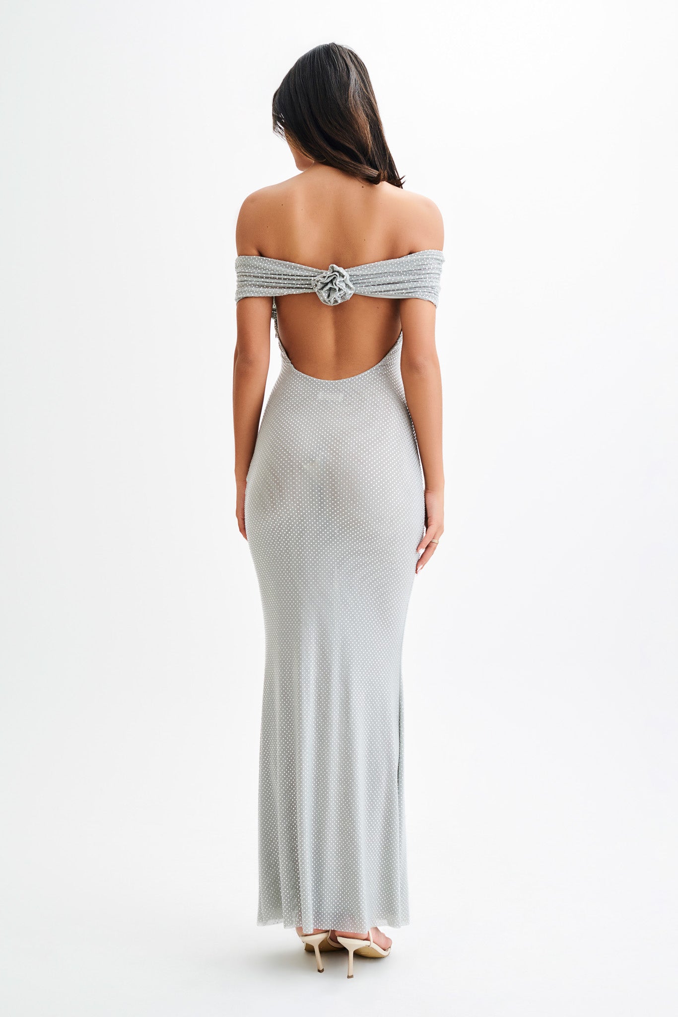 Arna Off Shoulder Diamante Maxi Dress / Silver | MESHKI | 3XL Arna Off Shoulder Diamante Maxi Dress / Silver | MESHKI | 3XL
