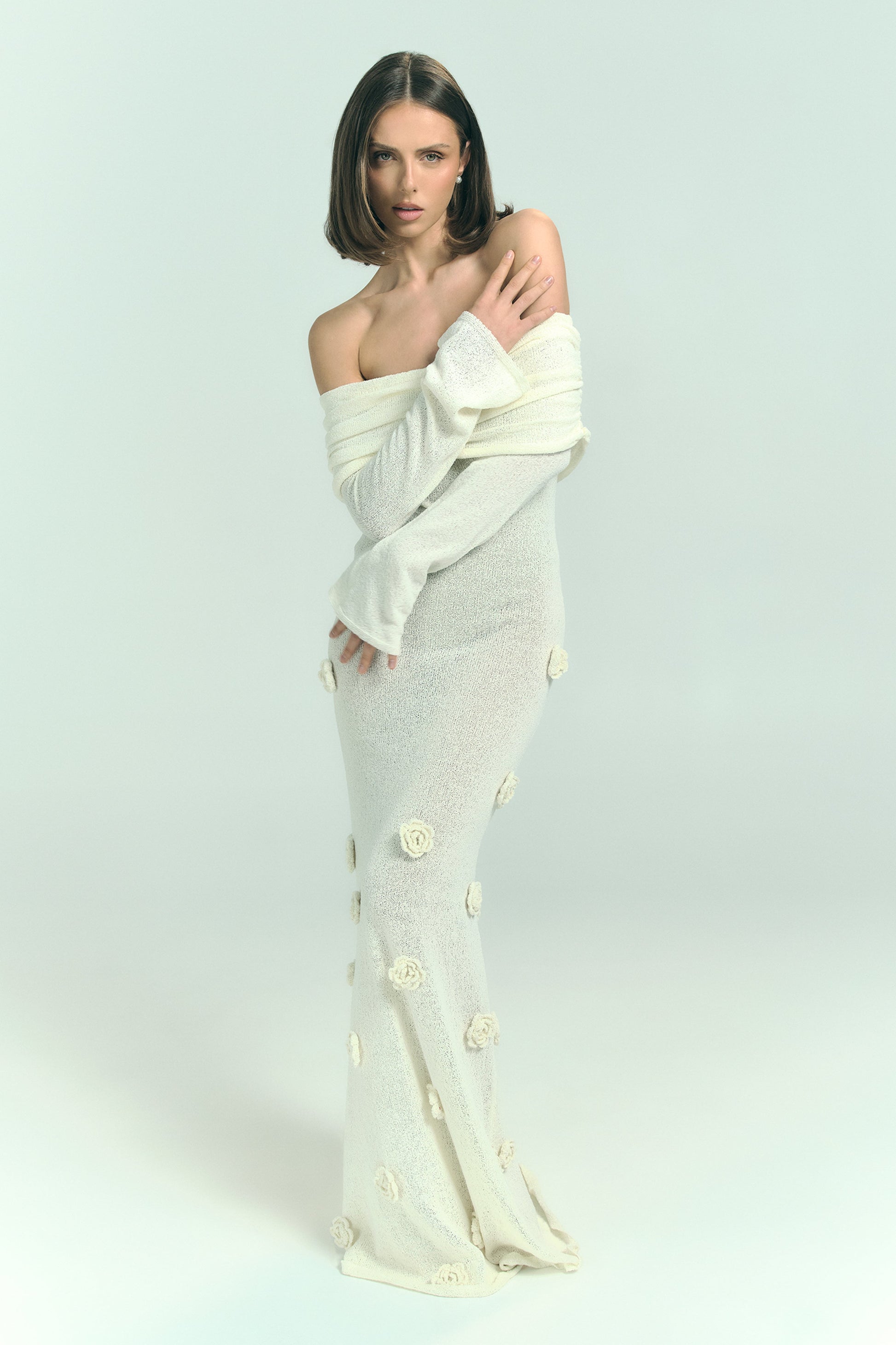 Kiki Off Shoulder Knit Rose Maxi Dress / Ivory | MESHKI | XS Kiki Off Shoulder Knit Rose Maxi Dress / Ivory | MESHKI | XS