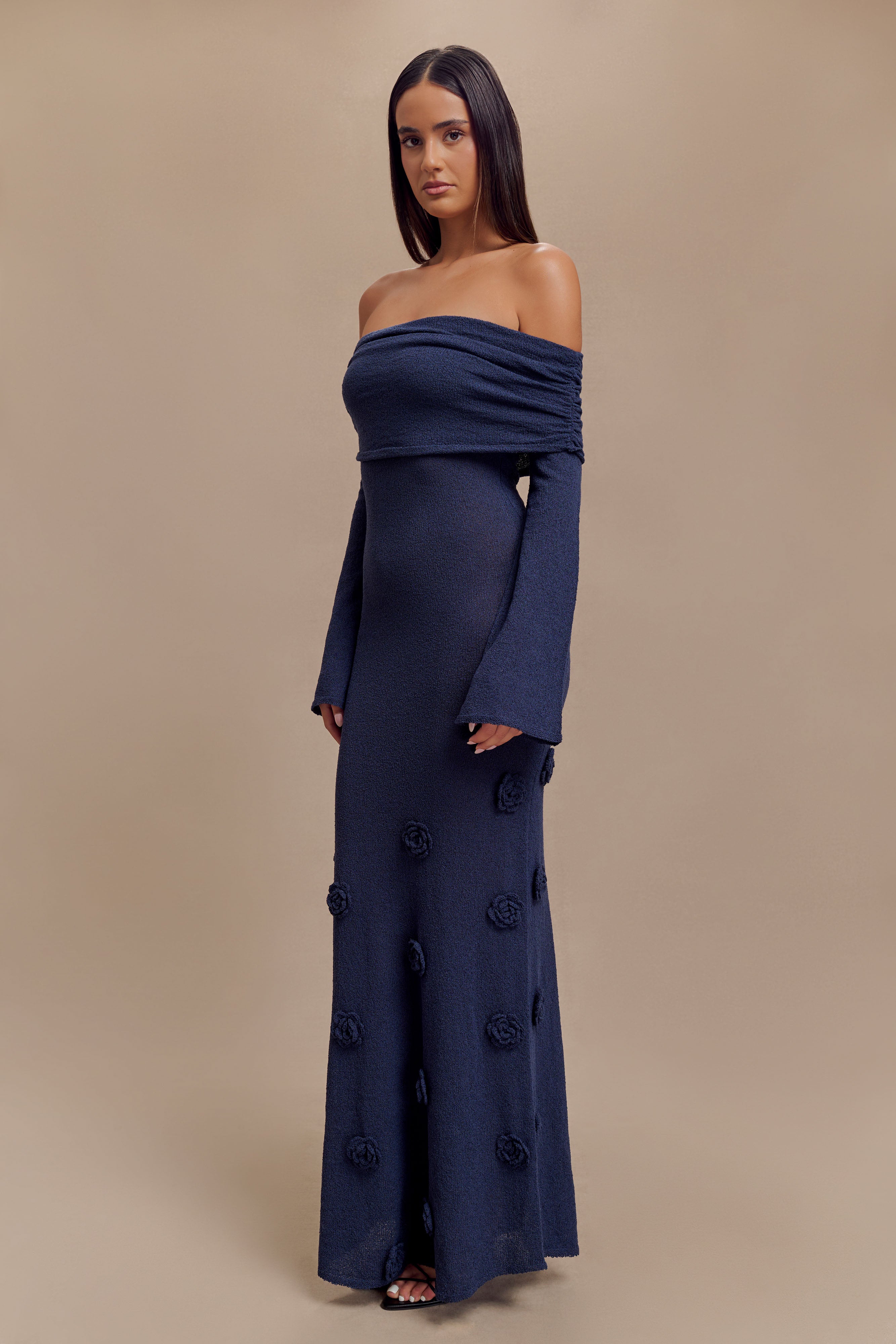 Kiki Off Shoulder Knit Rose Maxi Dress - Navy | MESHKI US