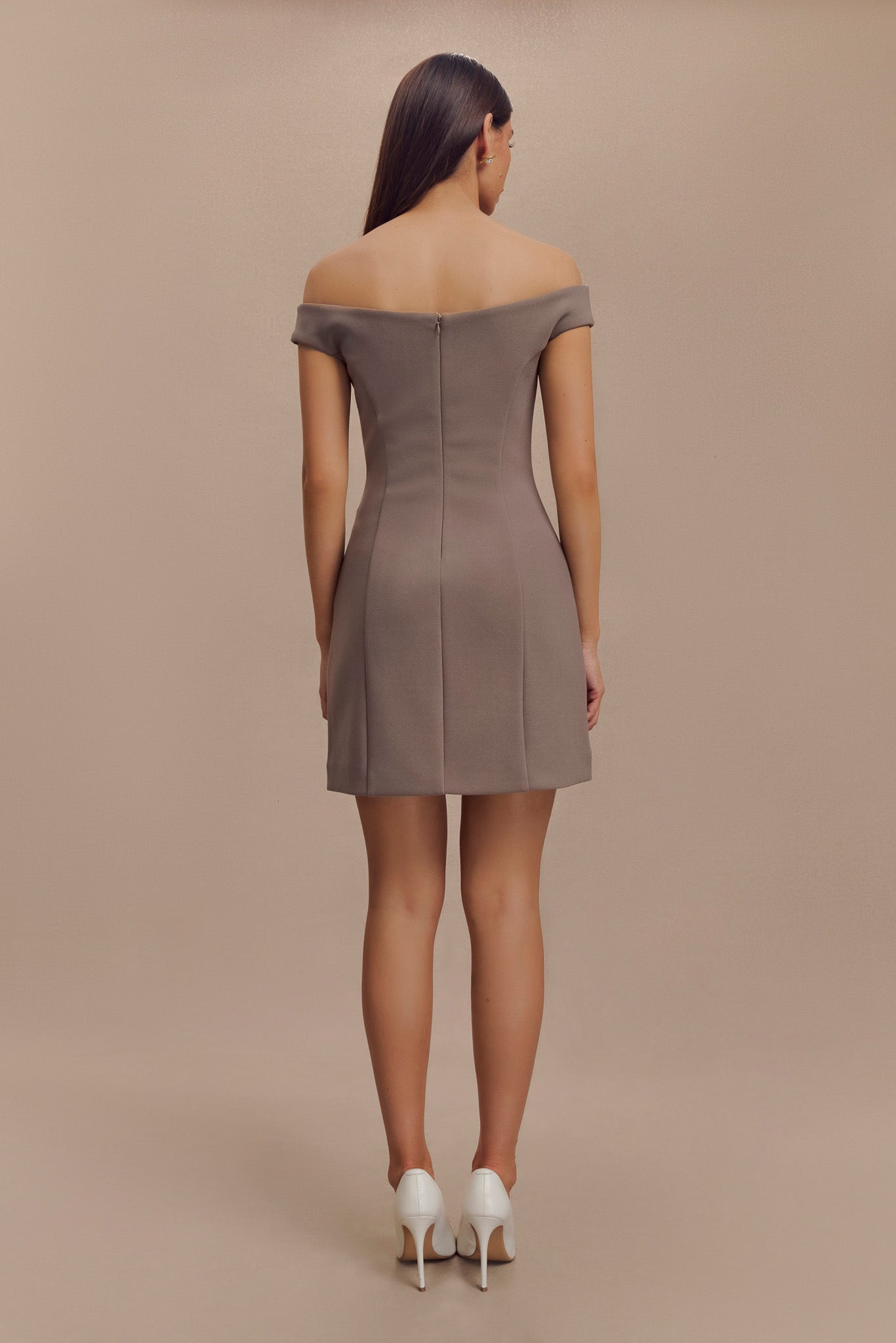 Cassidy Crepe Off Shoulder Mini Dress - Smoke | MESHKI US