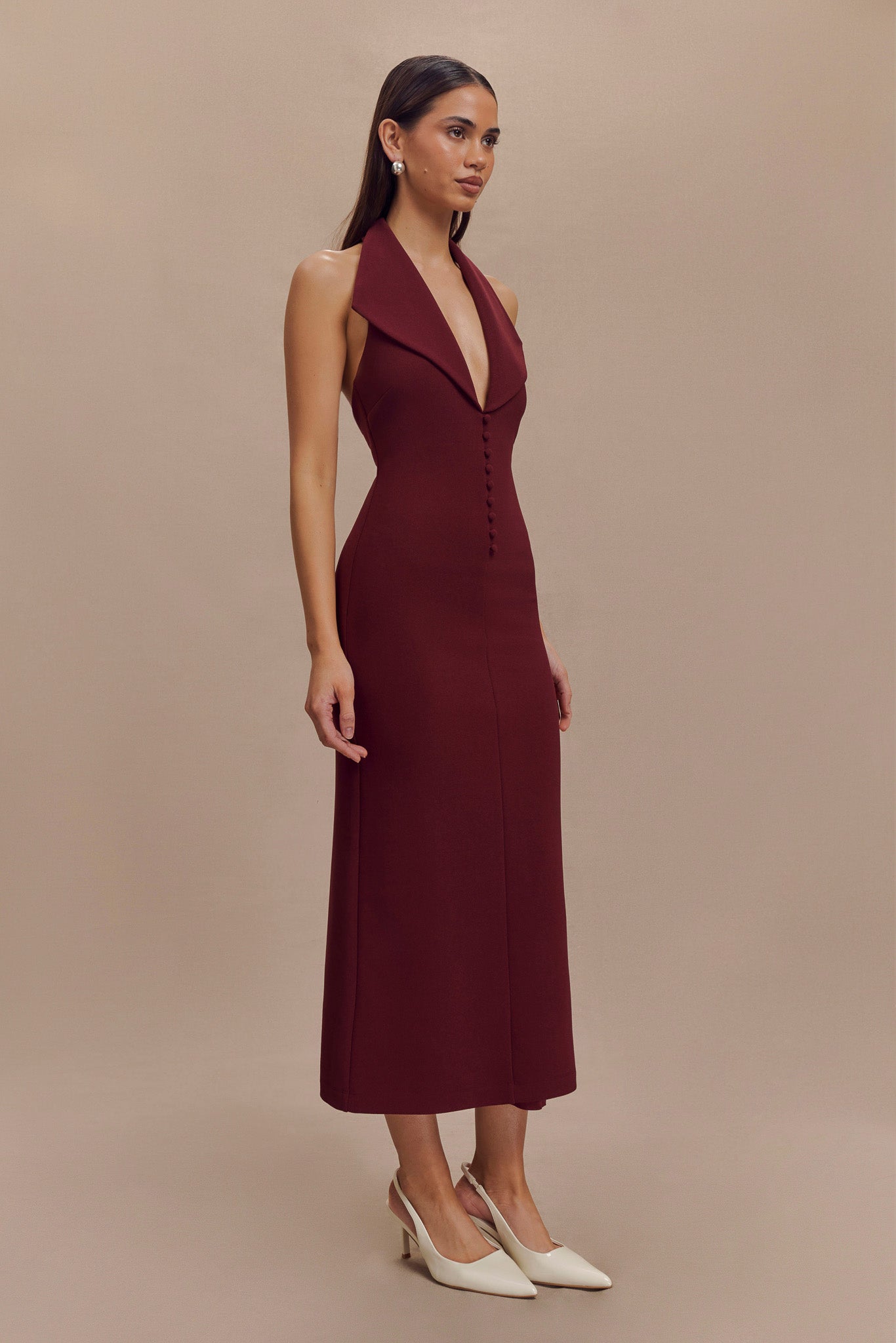 Annita Crepe Halter Midi Dress / Merlot | MESHKI | XXL Annita Crepe Halter Midi Dress / Merlot | MESHKI | XXL