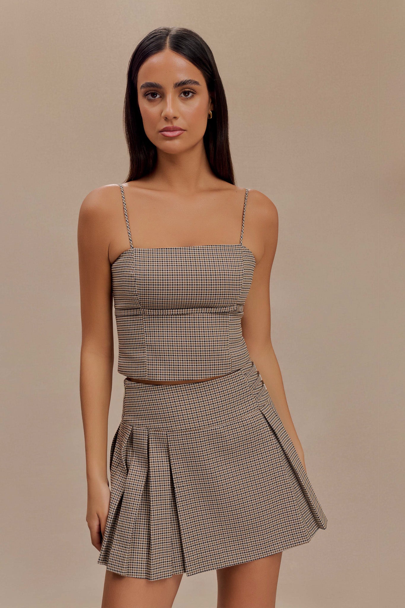 Aberley Crop Top - Tan Check | MESHKI US
