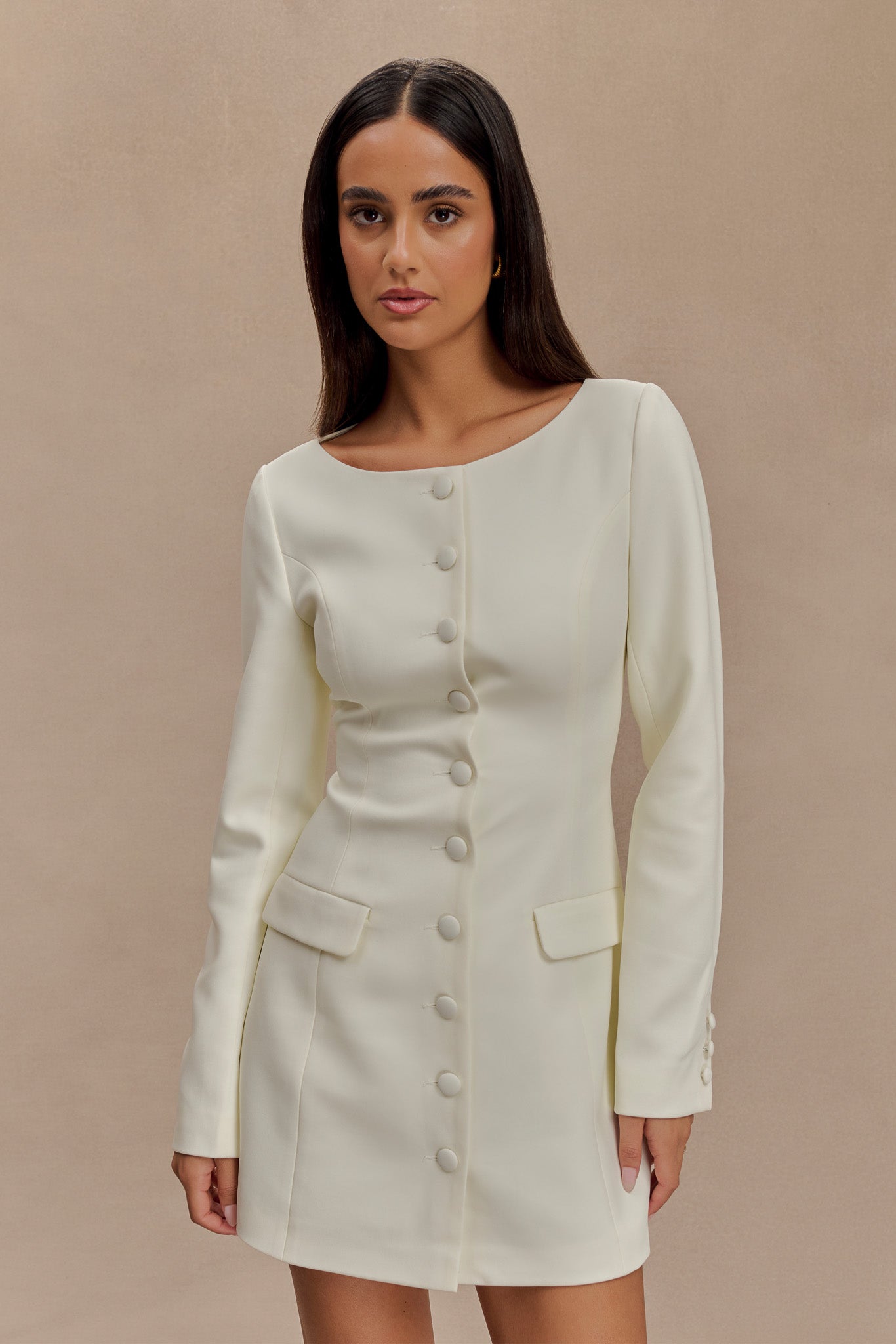 Jolie Boat Neck Suiting Mini Dress - Ivory #5
