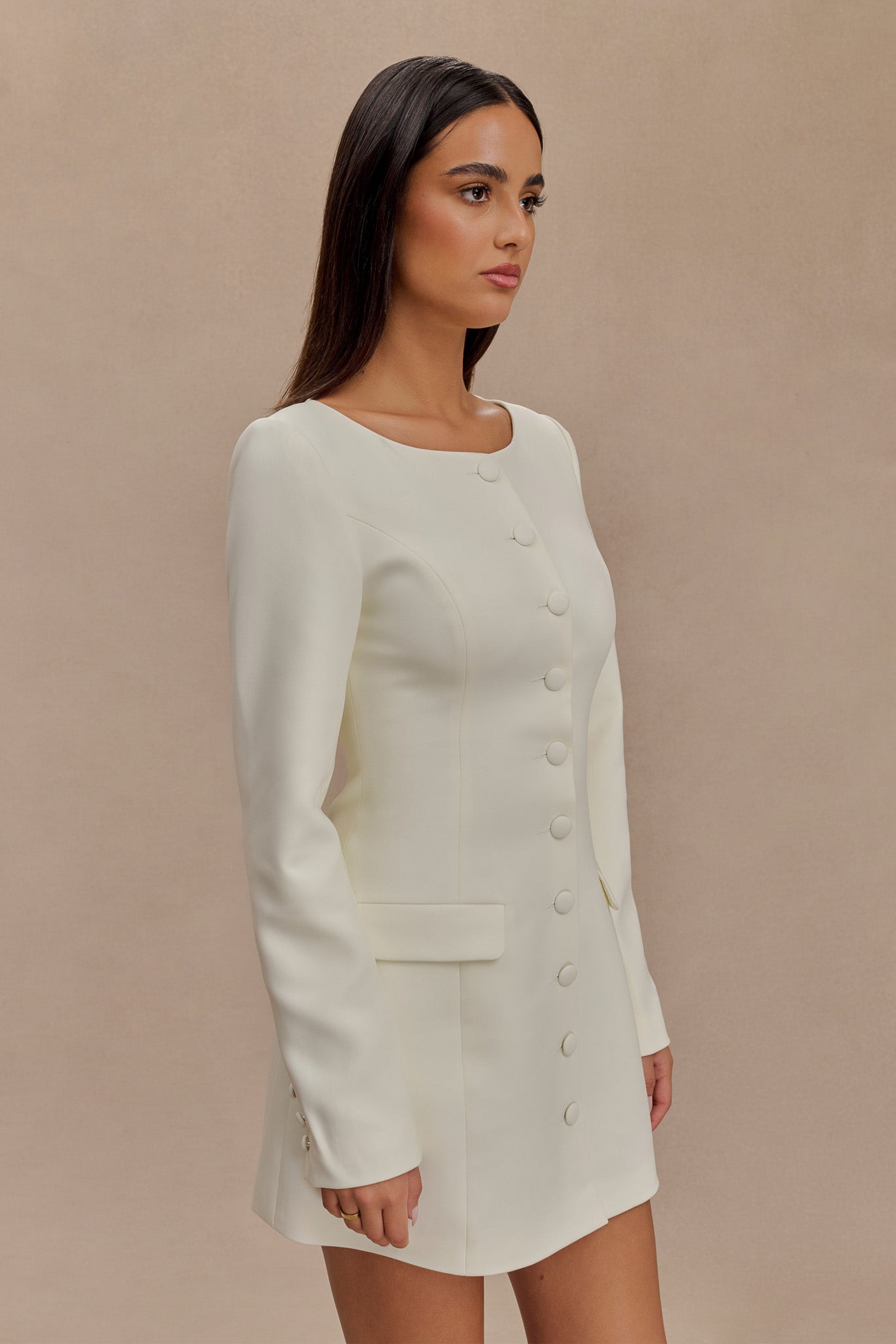 Jolie Boat Neck Suiting Mini Dress - Ivory #7