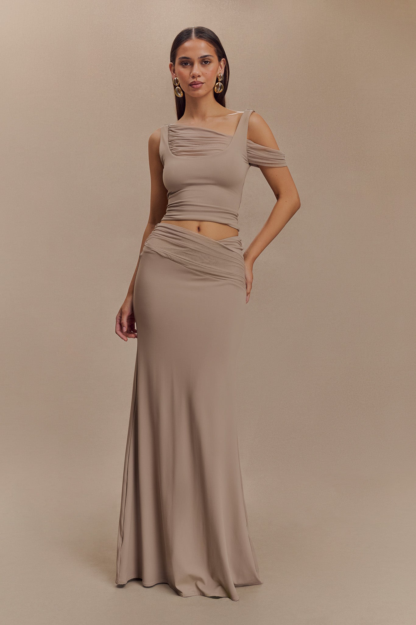 Jules Recycled Nylon And Mesh Maxi Skirt - Taupe | MESHKI US