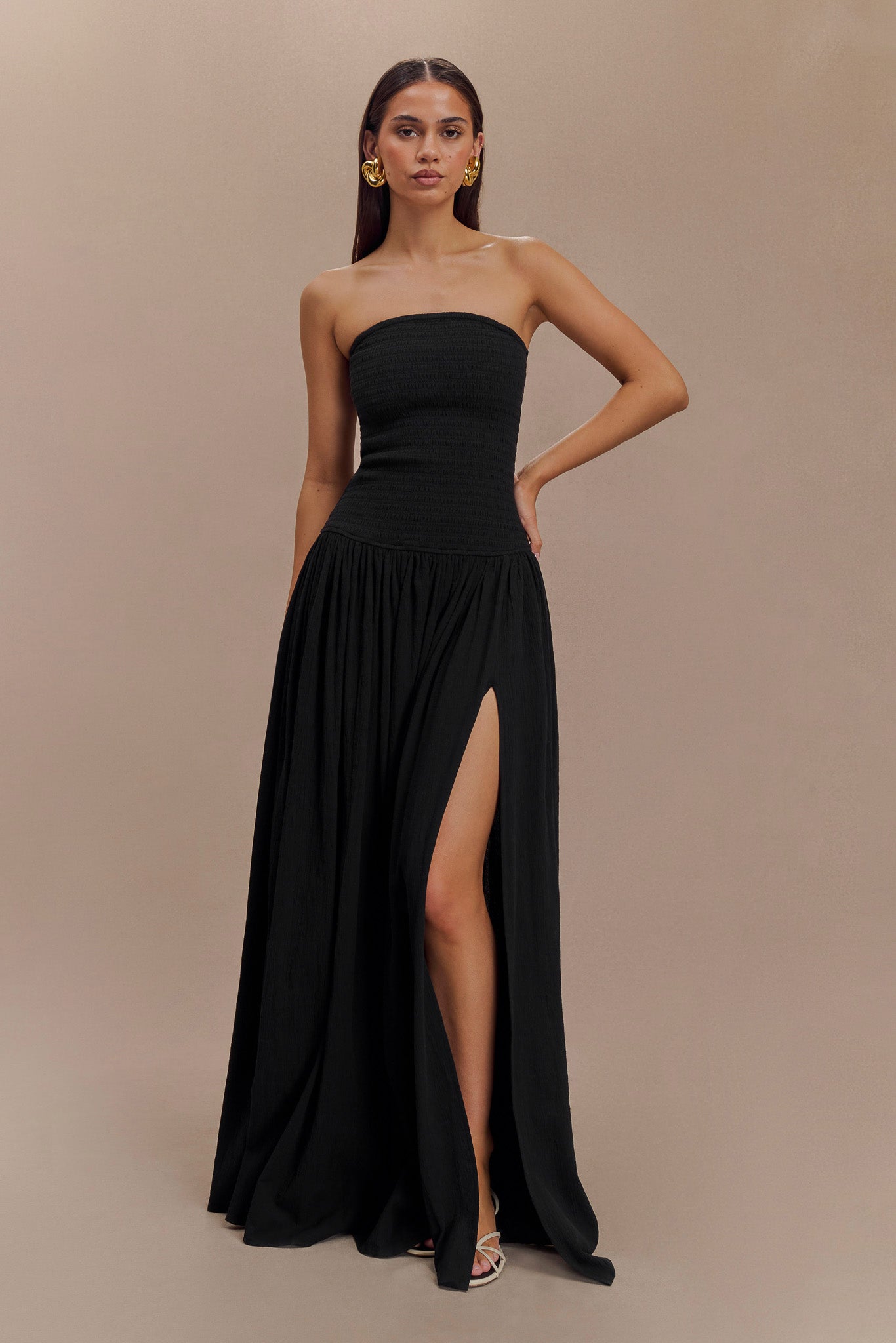 Maureen Cotton Shirring Maxi Dress / Black | MESHKI | XS Maureen Cotton Shirring Maxi Dress / Black | MESHKI | XS