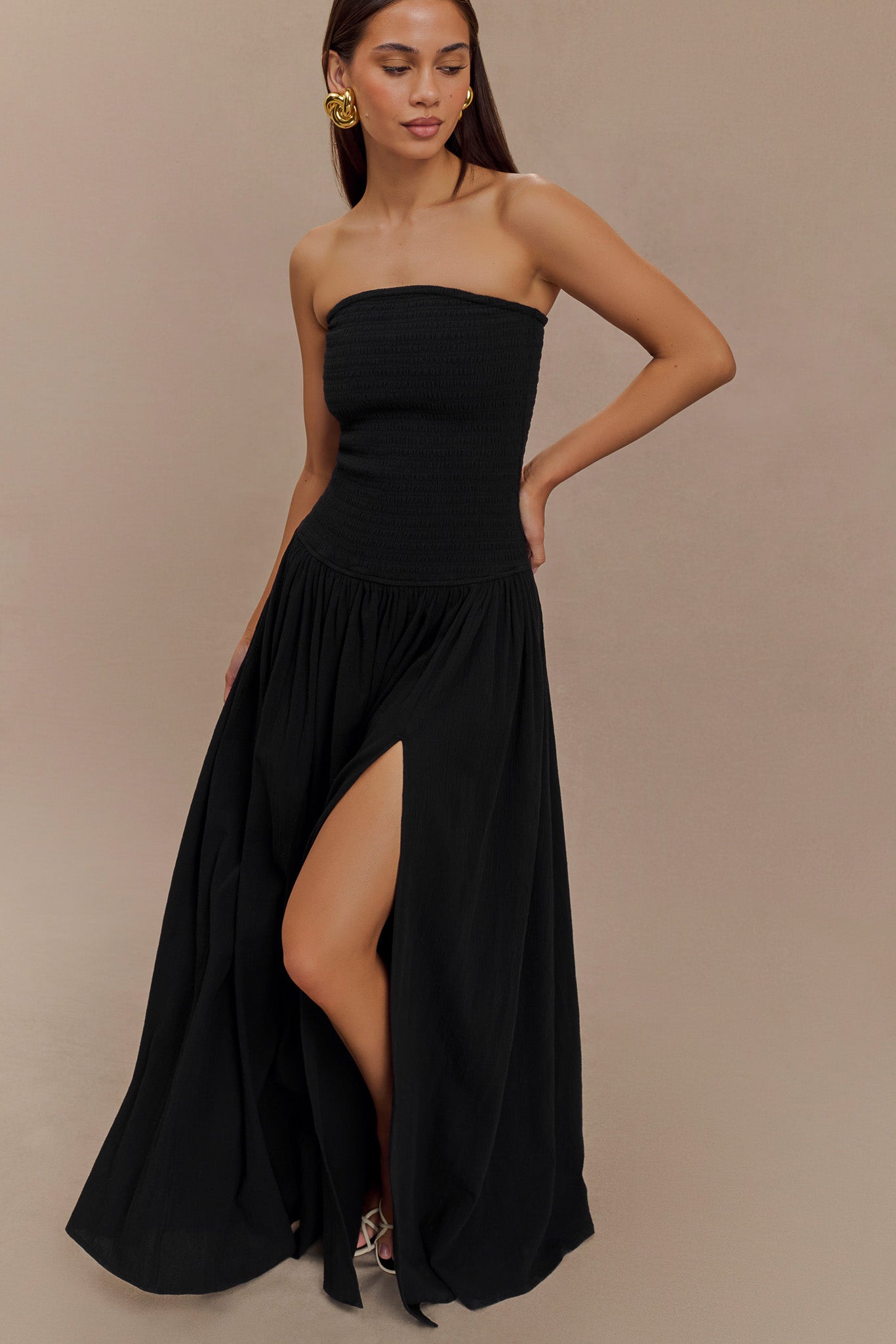 Maureen Cotton Shirring Maxi Dress / Black | MESHKI | XS Maureen Cotton Shirring Maxi Dress / Black | MESHKI | XS