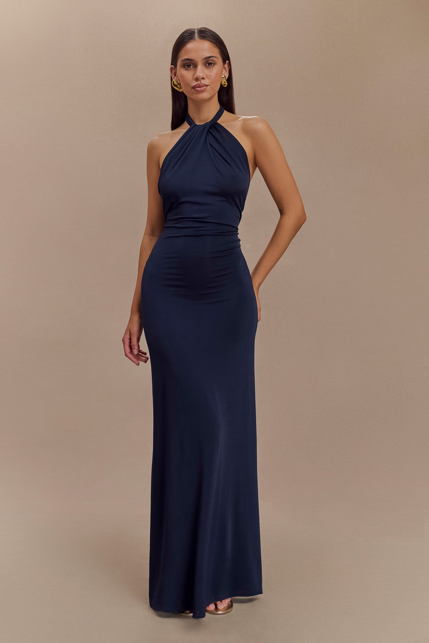 Elyna Slinky Halter Maxi Dress Navy MESHKI US