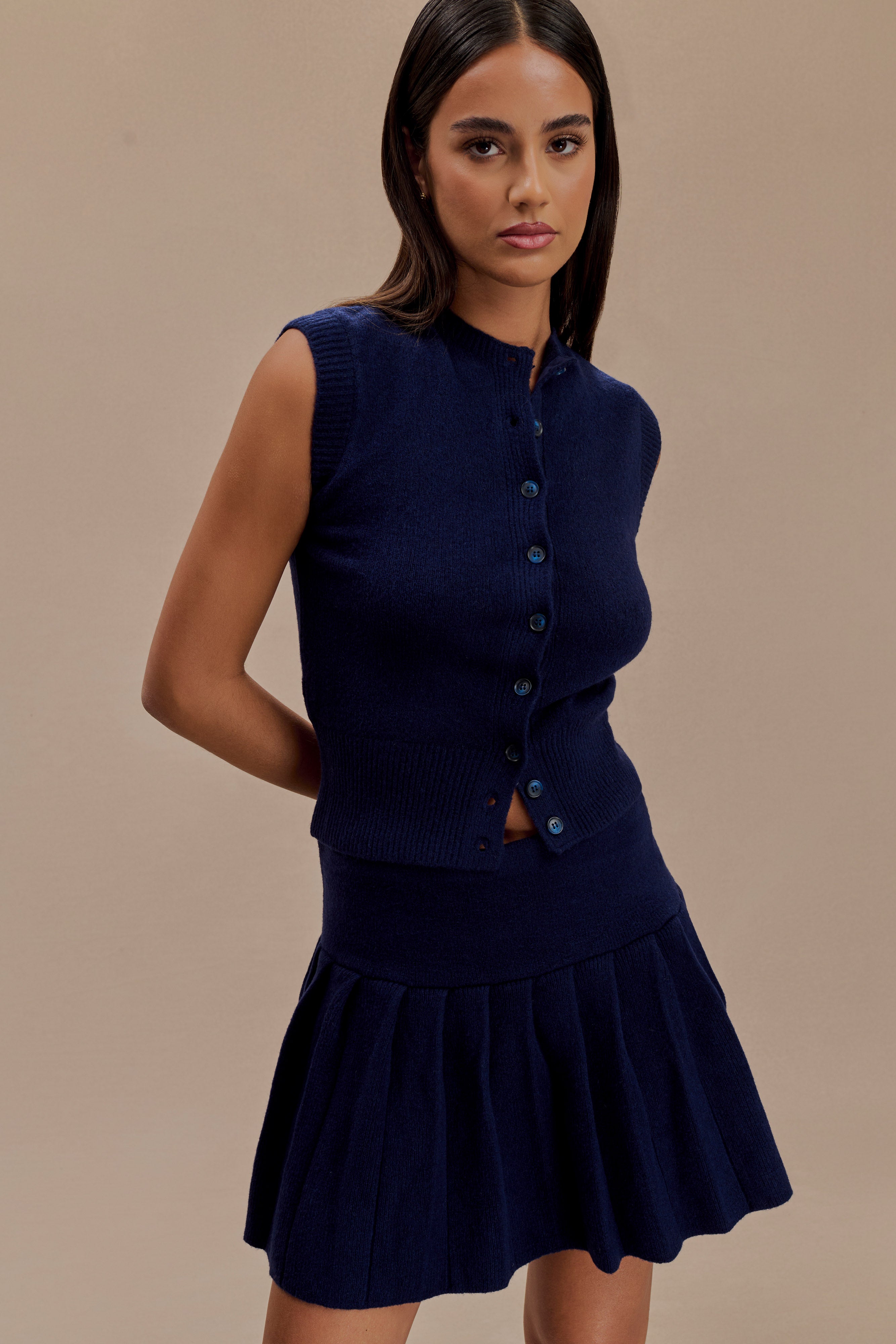 Dionne Pleated Knit Mini Skirt - Dark Navy | MESHKI US 