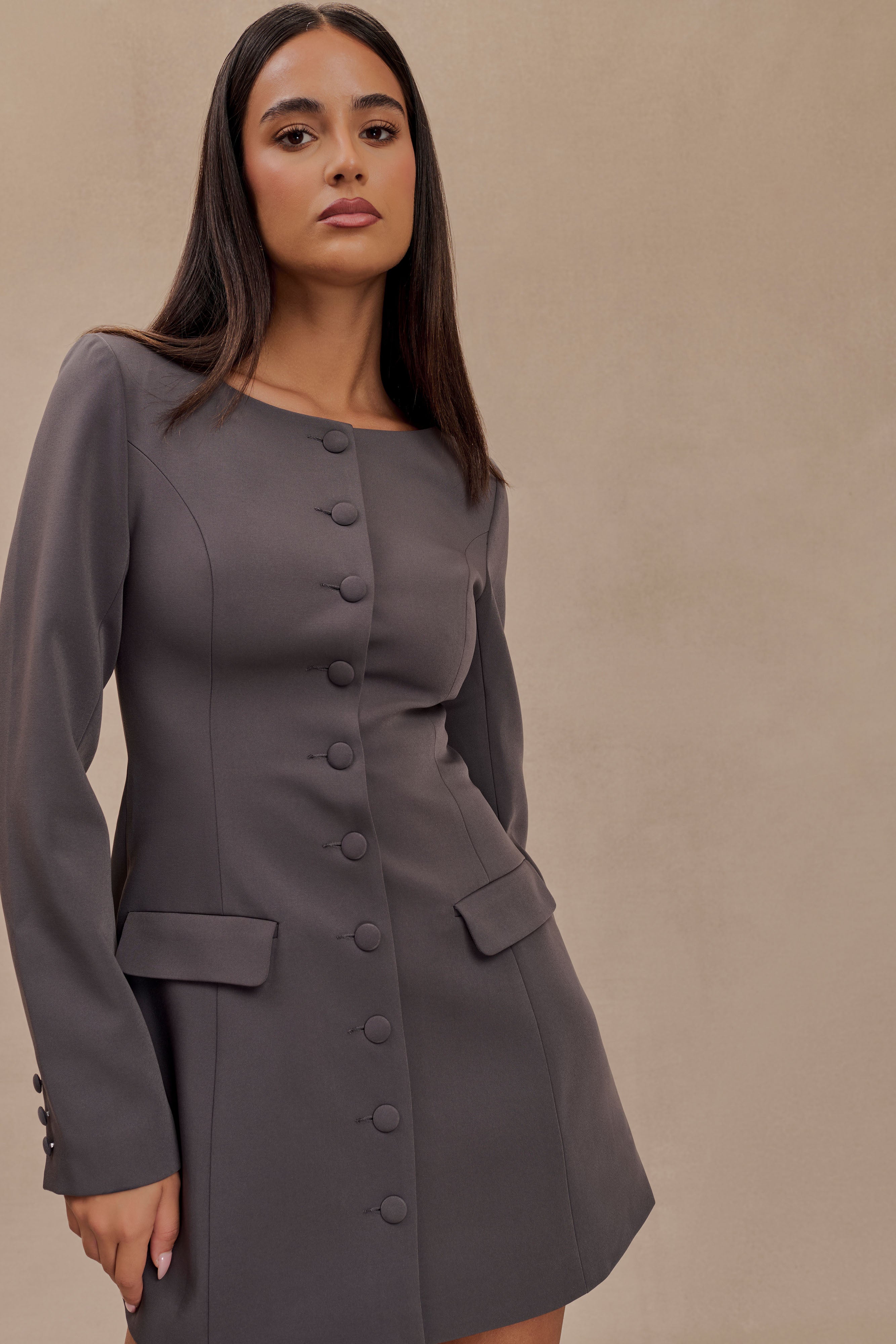 Jolie Boat Neck Suiting Mini Dress - Charcoal Grey | MESHKI US