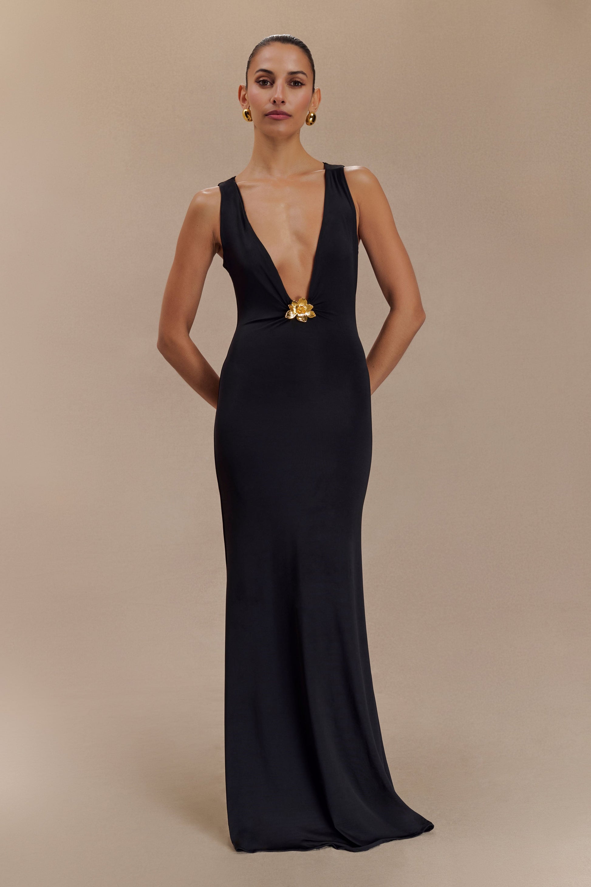 Beck Plunge Maxi Dress with Floral Hardware / Black | Meshki | L Beck Plunge Maxi Dress with Floral Hardware / Black | Meshki | L