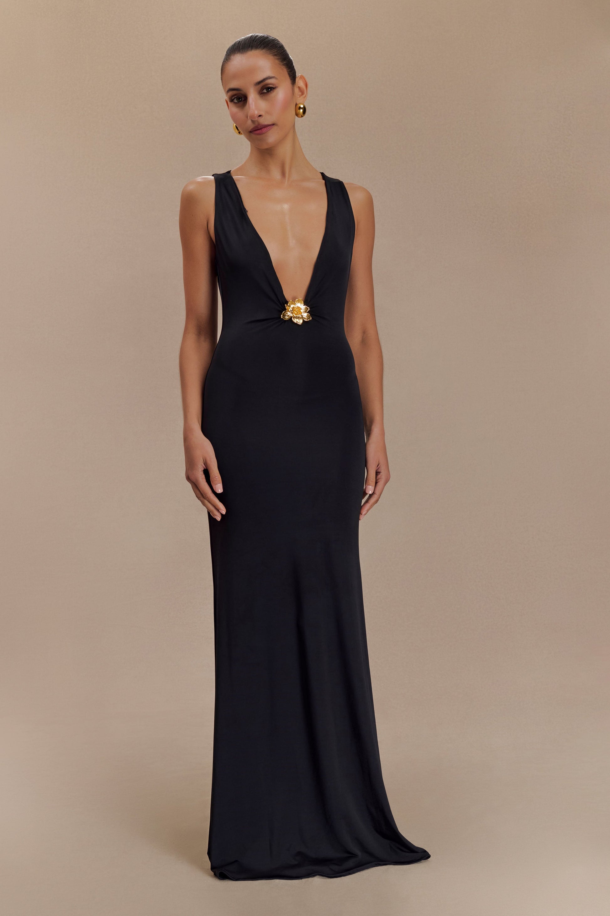 Beck Plunge Maxi Dress With Floral Hardware / Black | MESHKI | L Beck Plunge Maxi Dress With Floral Hardware / Black | MESHKI | L