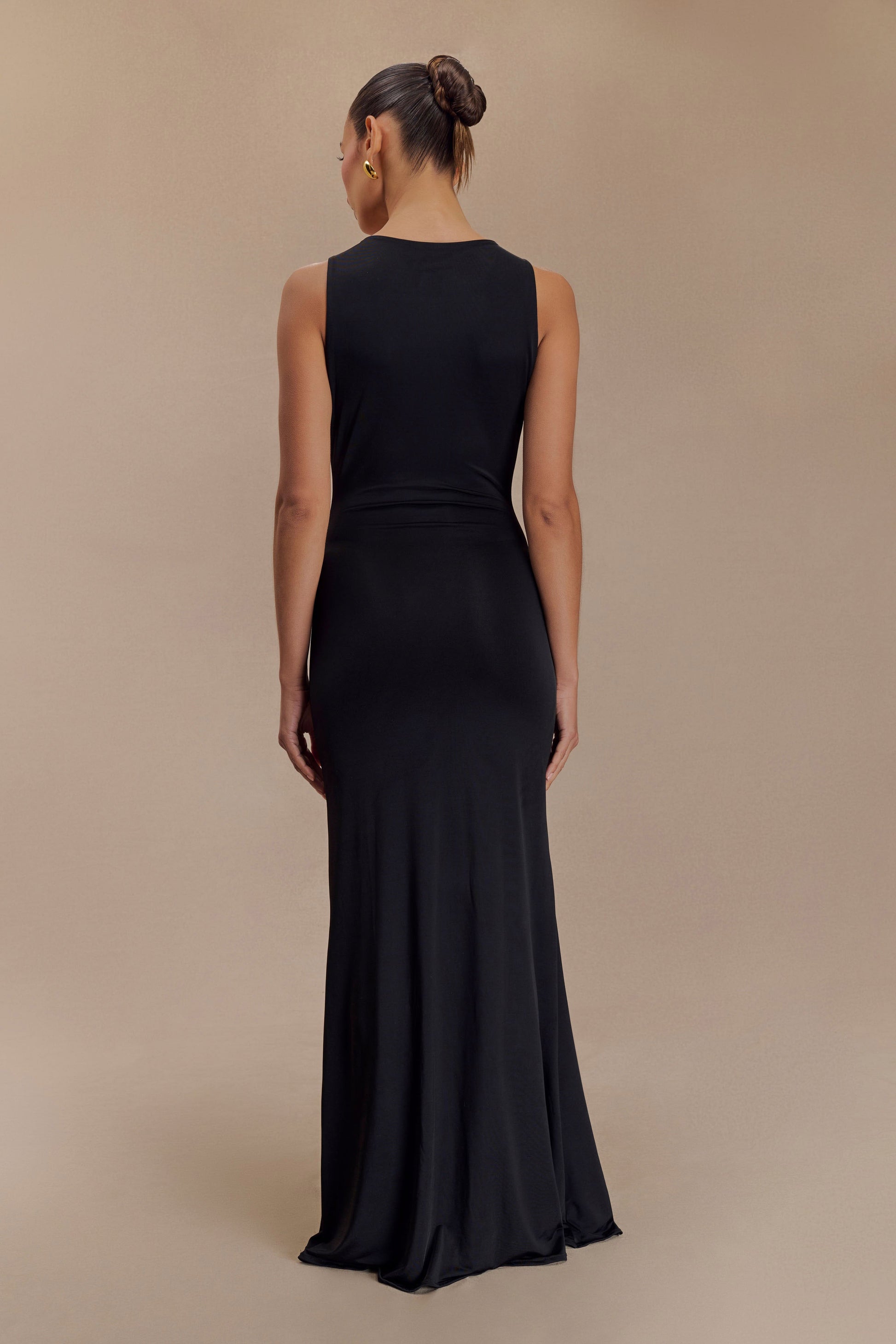 Beck Plunge Maxi Dress With Floral Hardware / Black | MESHKI Beck Plunge Maxi Dress With Floral Hardware / Black | MESHKI