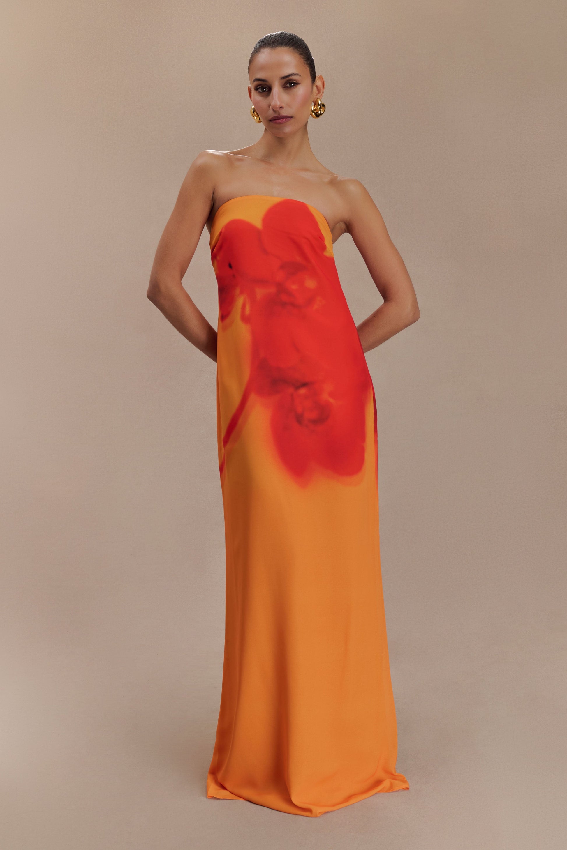 Amaya Strapless Chiffon Maxi Dress / Koi Orchid Print | MESHKI | XXS Amaya Strapless Chiffon Maxi Dress / Koi Orchid Print | MESHKI | XXS