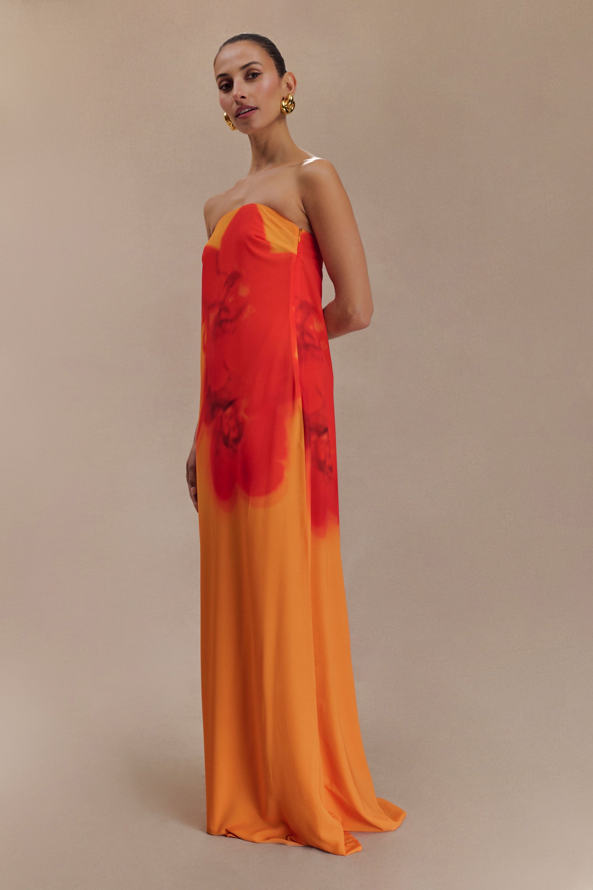 Amaya Strapless Chiffon Maxi Dress / Koi Orchid Print | MESHKI | S Amaya Strapless Chiffon Maxi Dress / Koi Orchid Print | MESHKI | S
