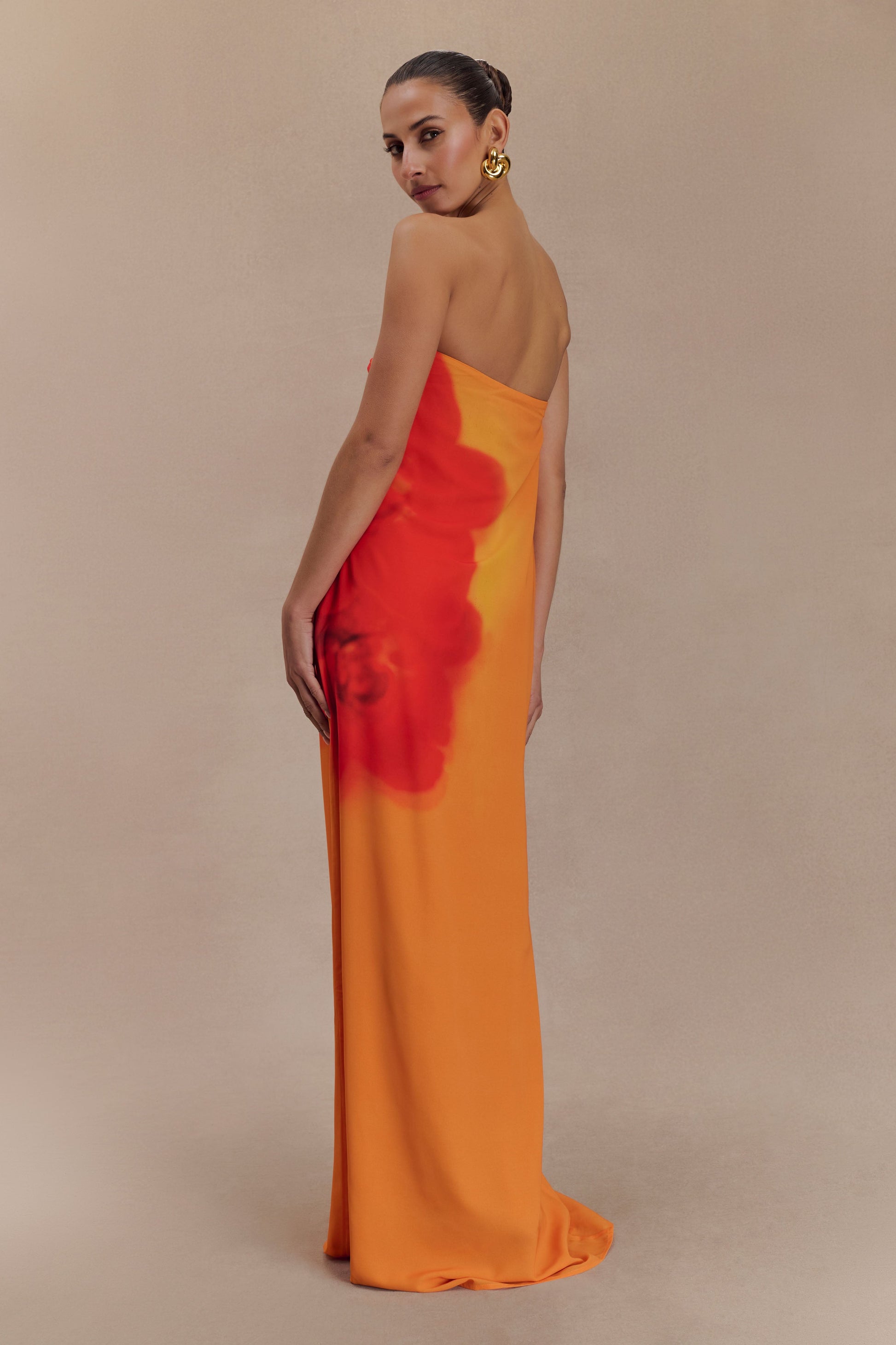 maxi dress print Amaya Strapless Chiffon Maxi Dress / Koi Orchid Print | MESHKI