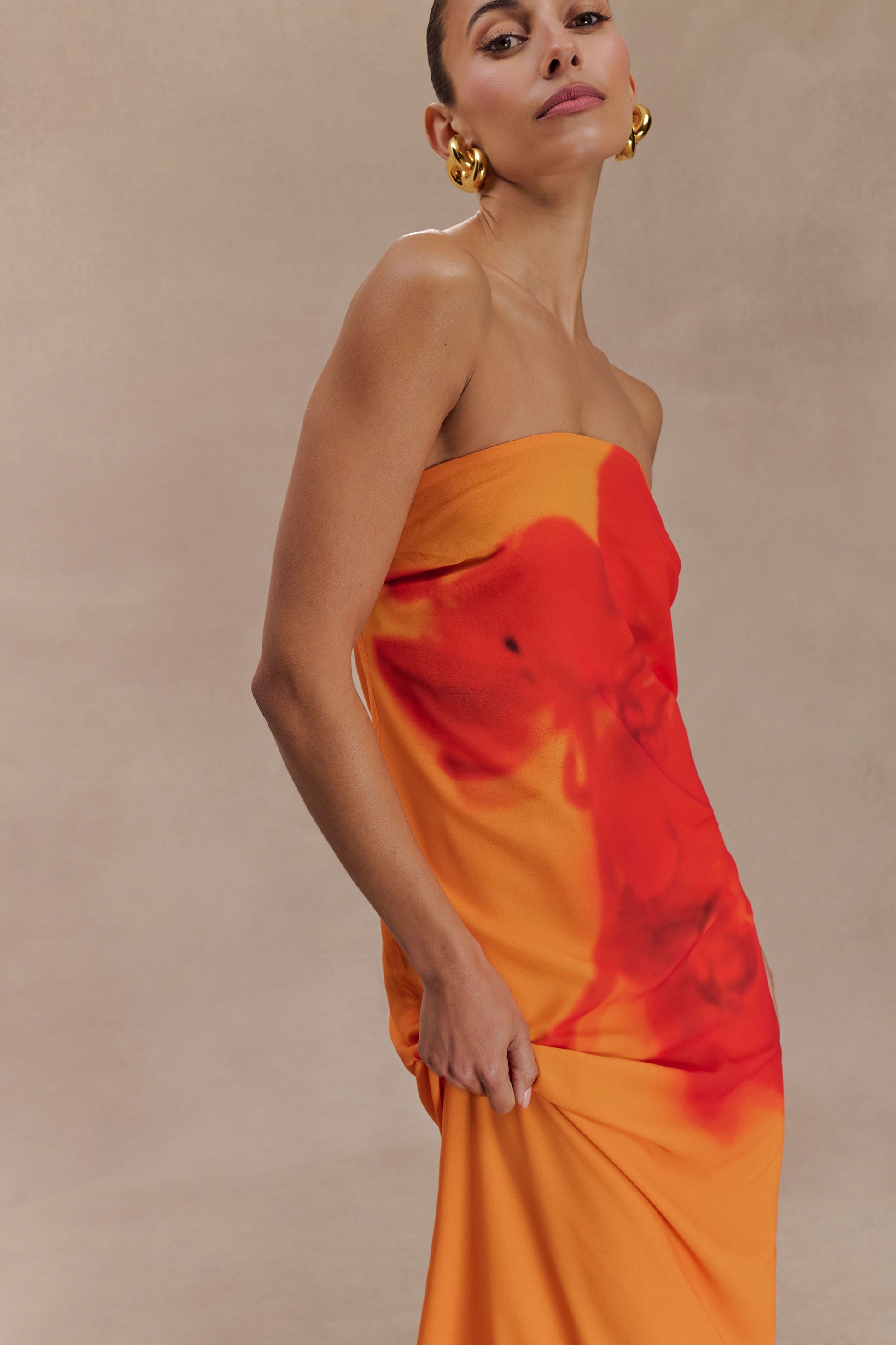Amaya Strapless Chiffon Maxi Dress / Koi Orchid Print | MESHKI