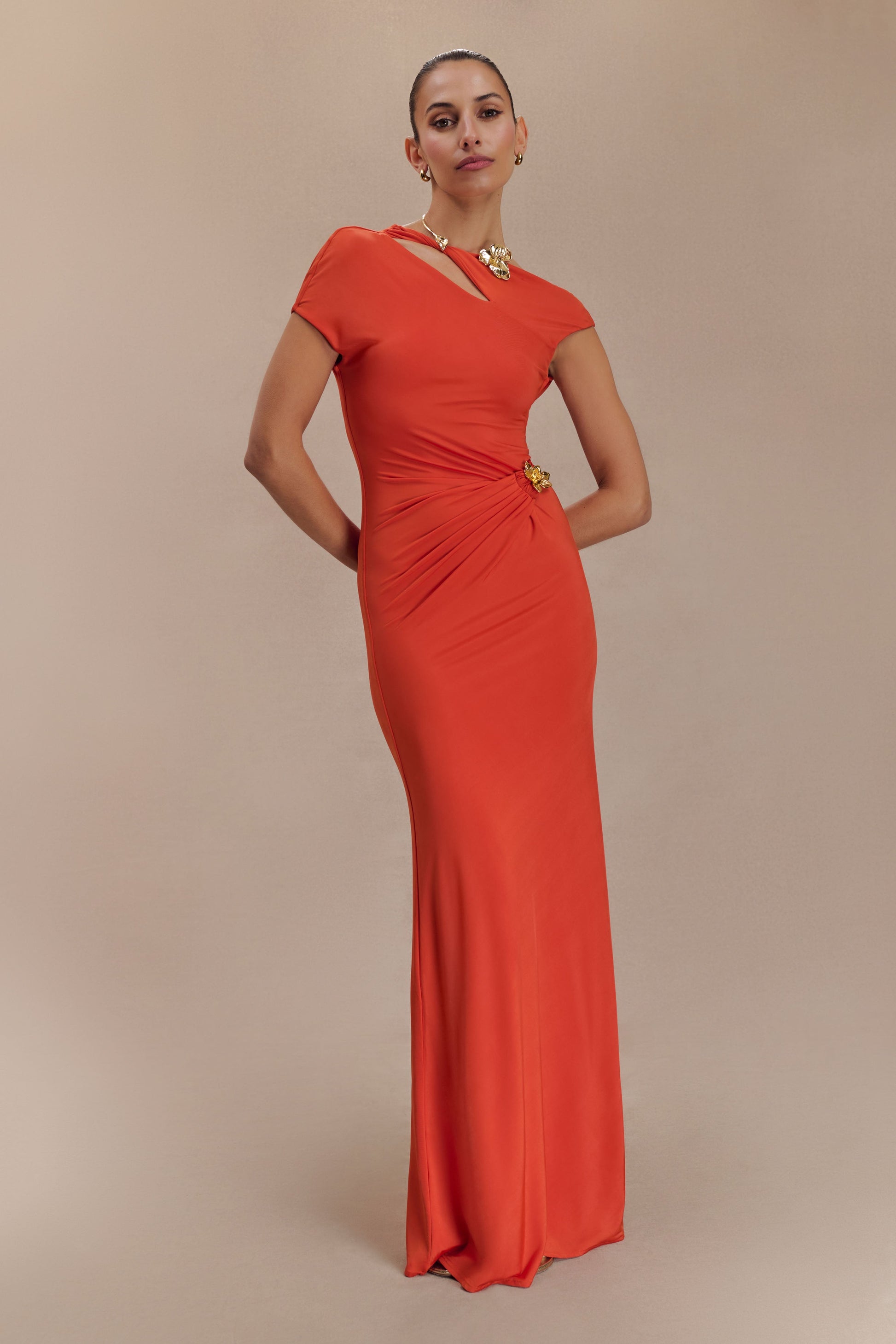 Kaida Slinky Maxi Dress With Hardware / Burnt Orange | MESHKI | S Kaida Slinky Maxi Dress With Hardware / Burnt Orange | MESHKI | S