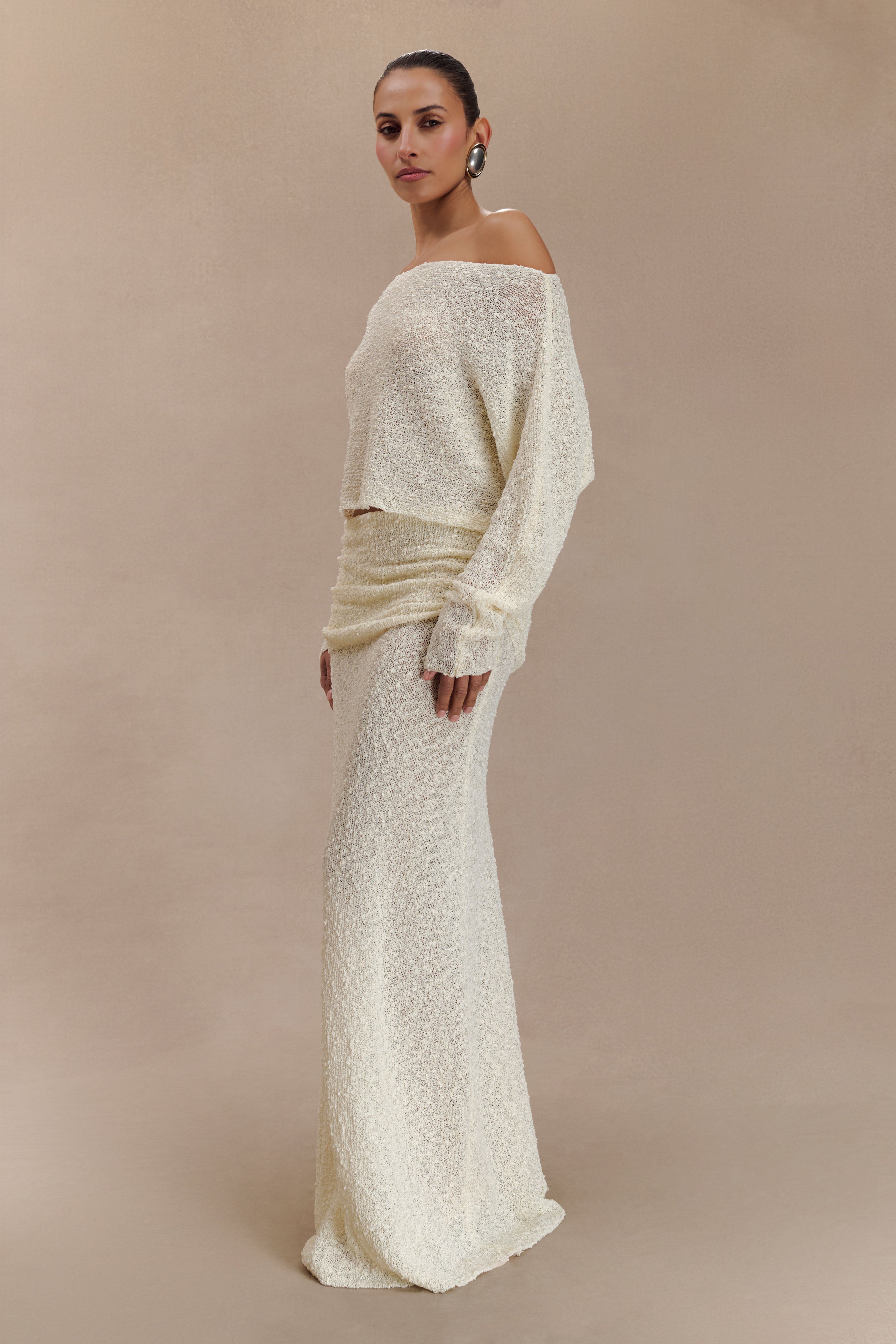 Petra Ruched Knit Maxi Skirt - Ivory | MESHKI US