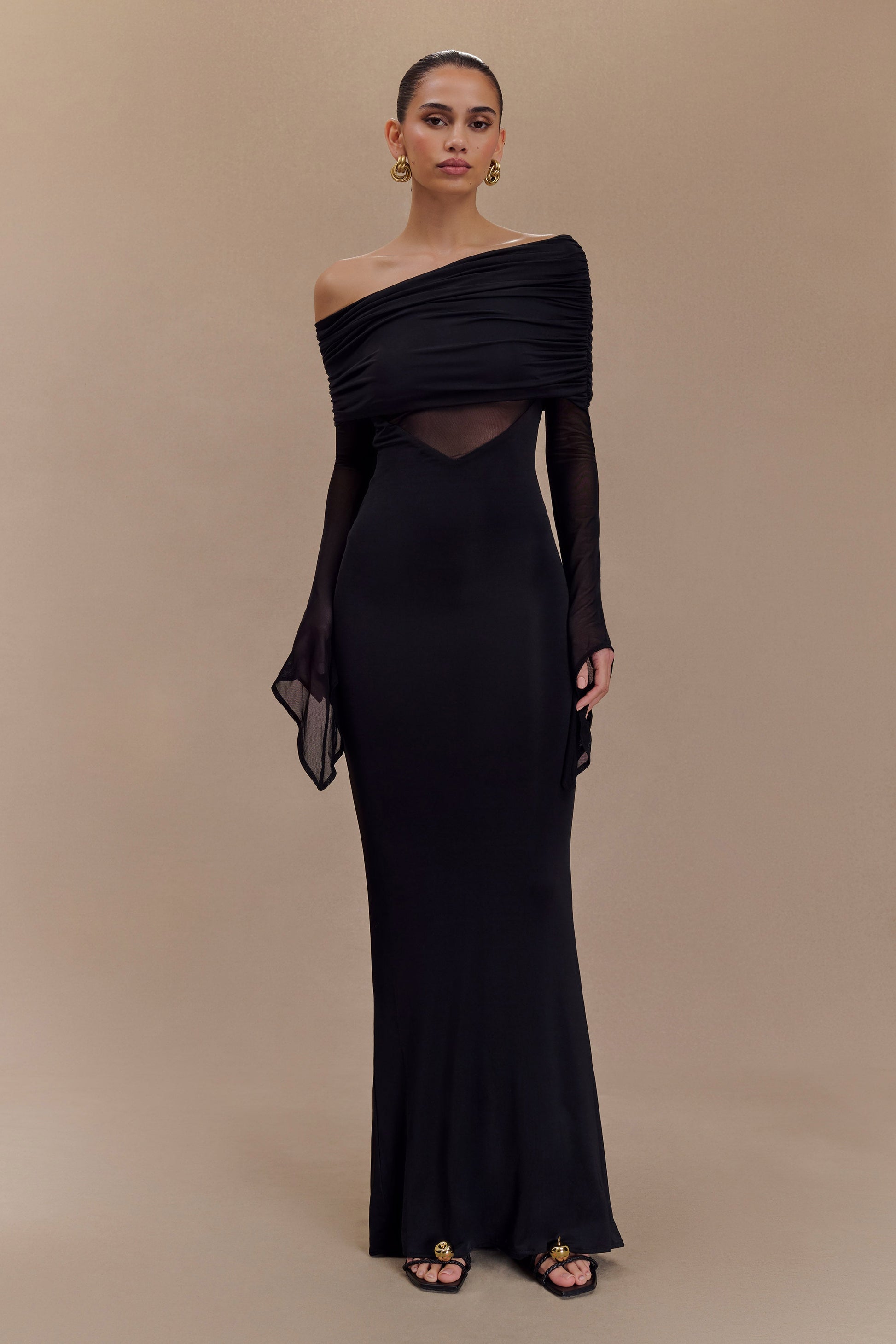 Kaitlin One Shoulder Slinky And Mesh Maxi Dress / Black | MESHKI | XXL Kaitlin One Shoulder Slinky And Mesh Maxi Dress / Black | MESHKI | XXL