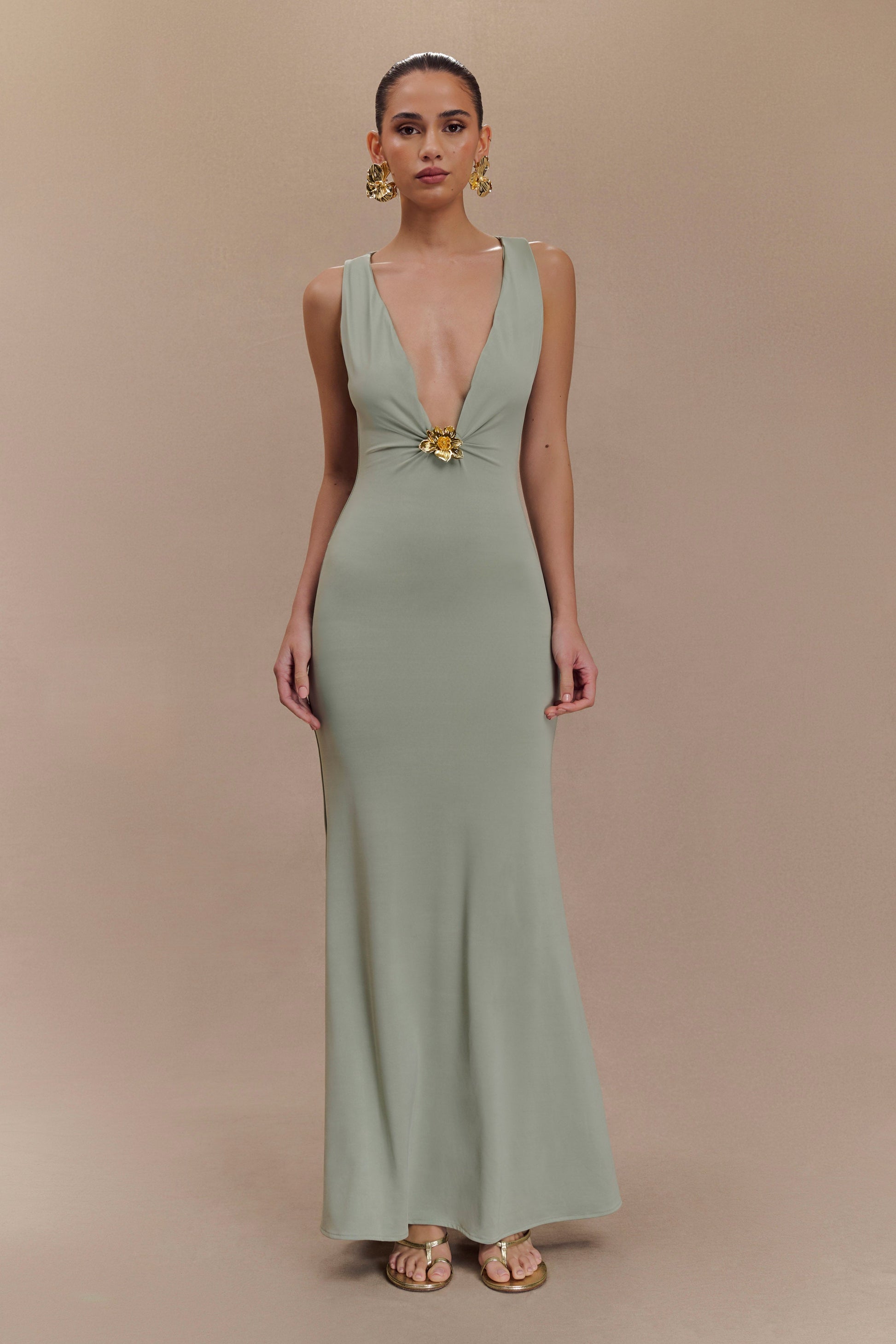 Beck Plunge Maxi Dress With Floral Hardware / Basil | MESHKI | XXL Beck Plunge Maxi Dress With Floral Hardware / Basil | MESHKI | XXL