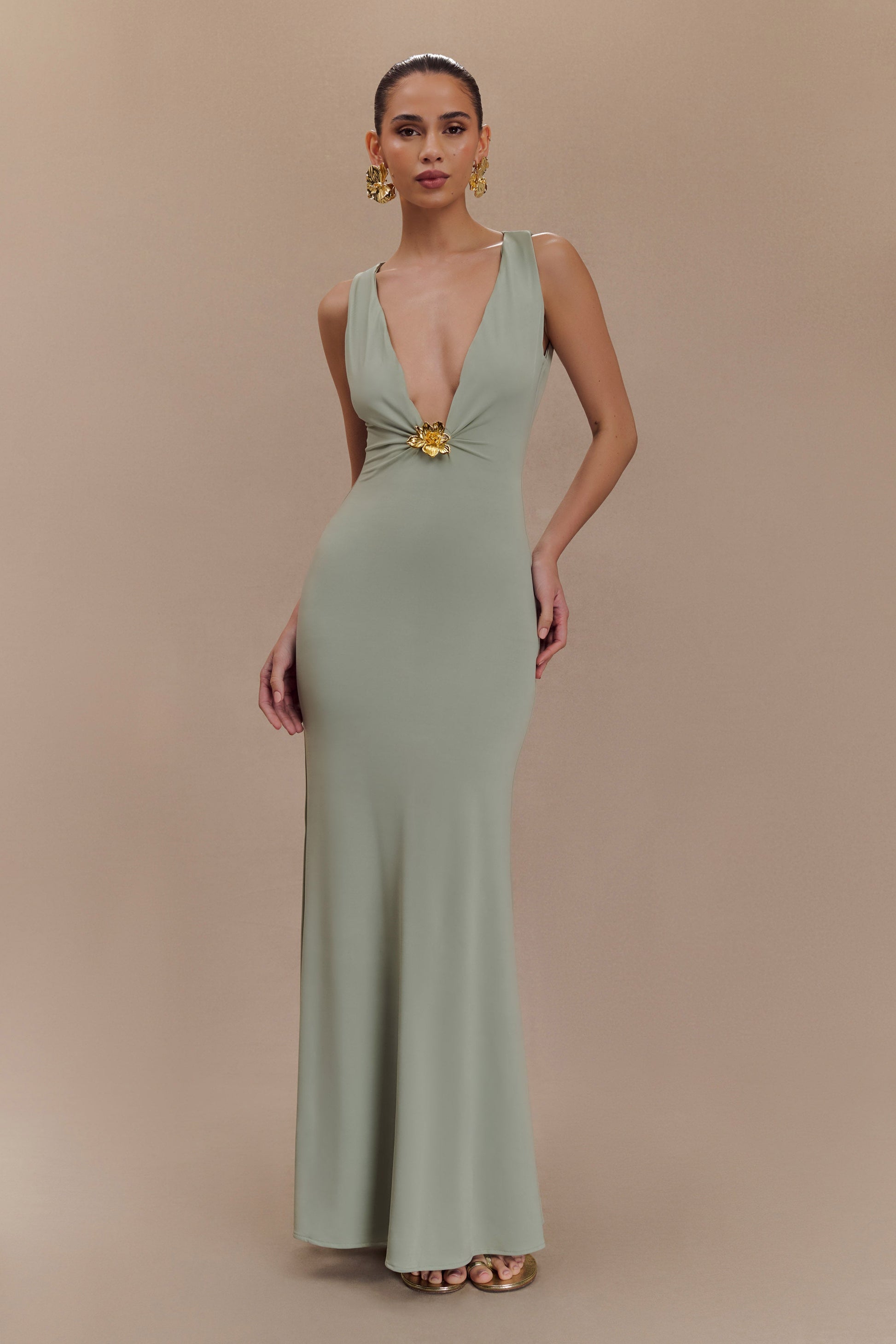 fitted lace wedding dress Beck Plunge Maxi Dress with Floral Hardware / Basil | Meshki