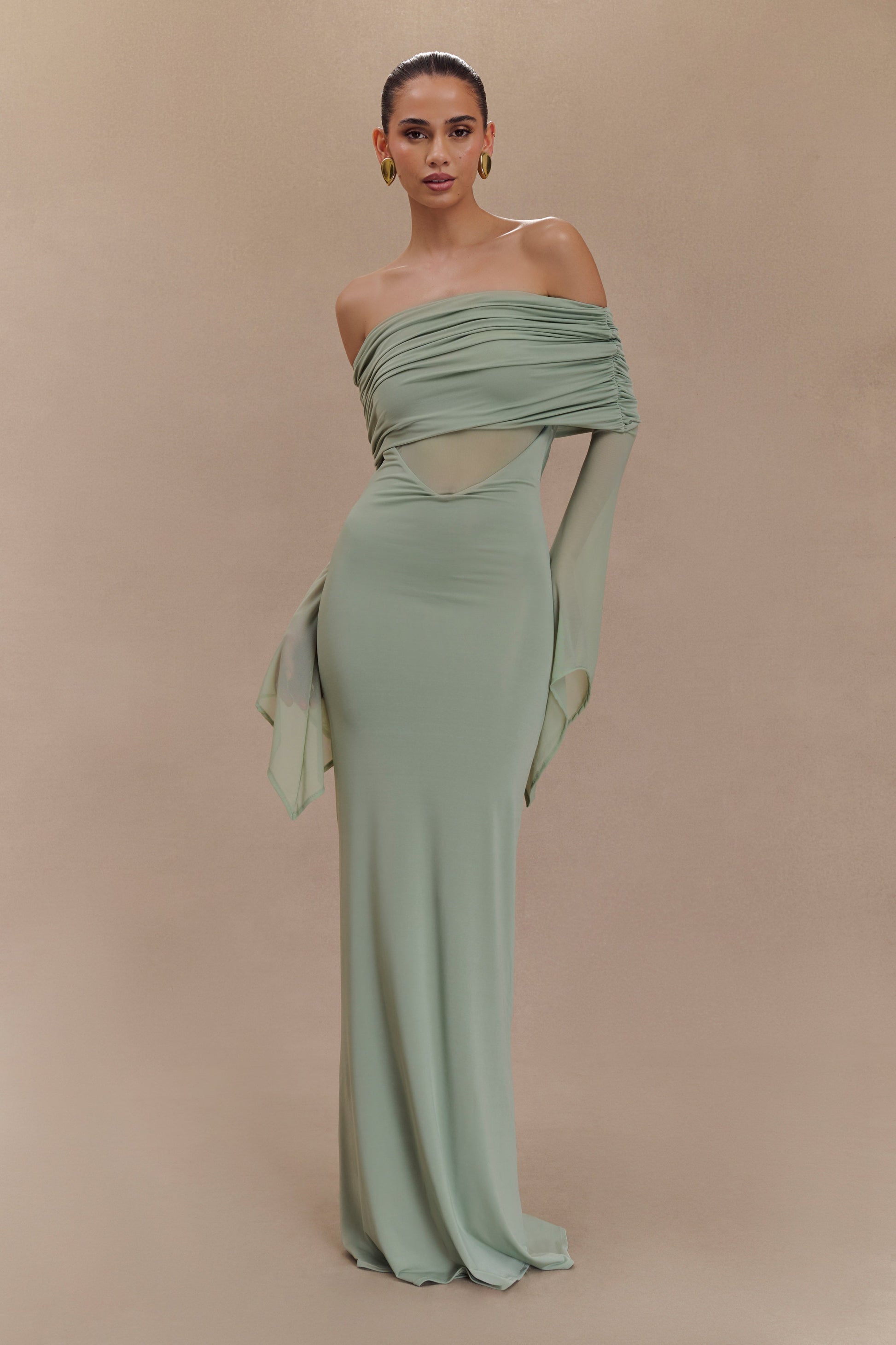 Kaitlin One Shoulder Slinky And Mesh Maxi Dress / Basil | MESHKI