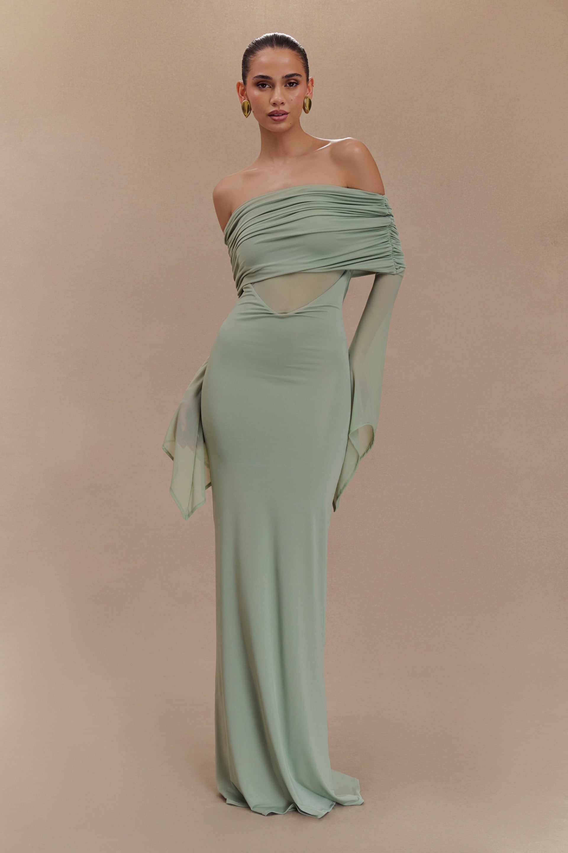 Kaitlin One Shoulder Slinky And Mesh Maxi Dress - Basil