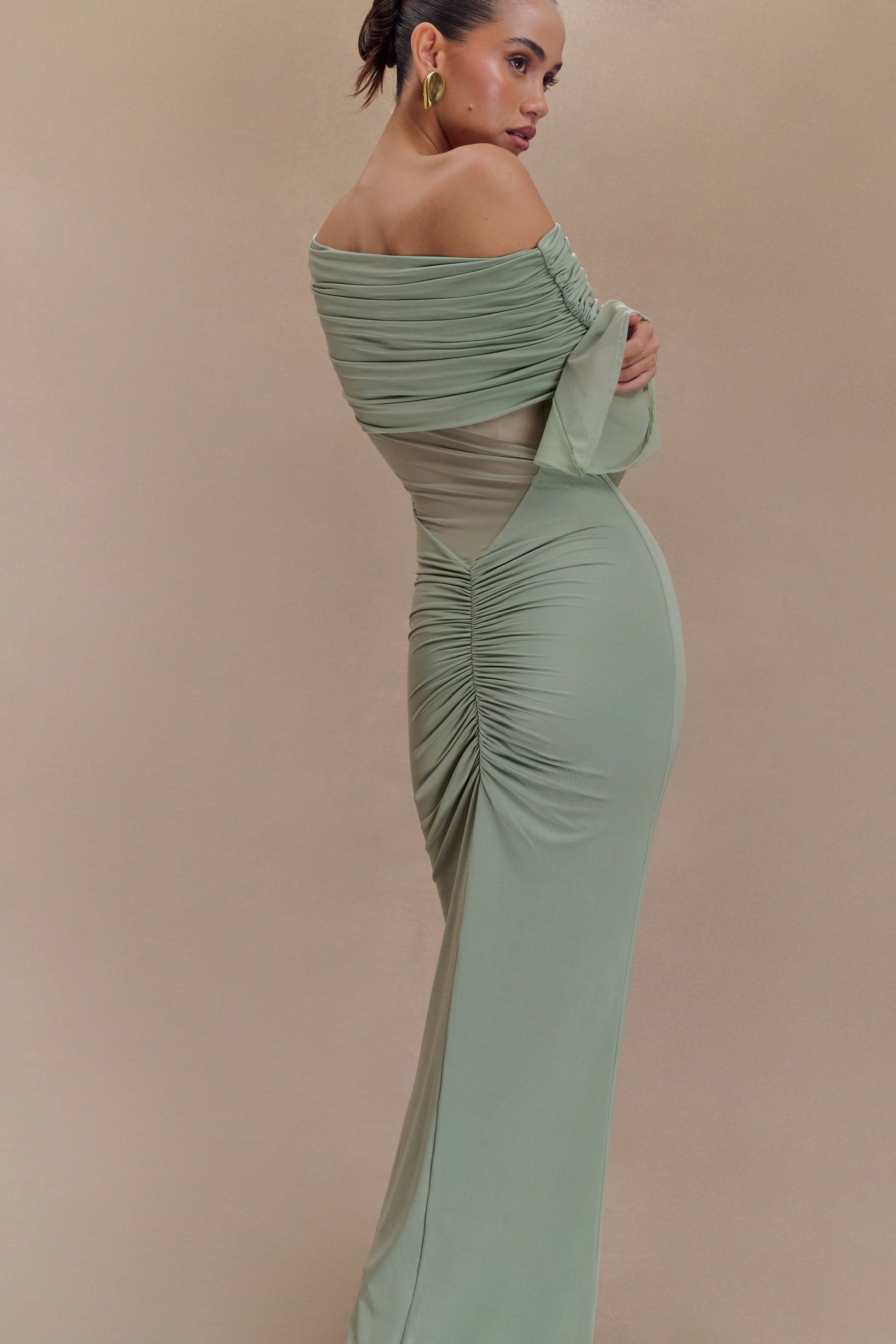 Kaitlin One Shoulder Slinky And Mesh Maxi Dress / Basil | MESHKI | XXL Kaitlin One Shoulder Slinky And Mesh Maxi Dress / Basil | MESHKI | XXL