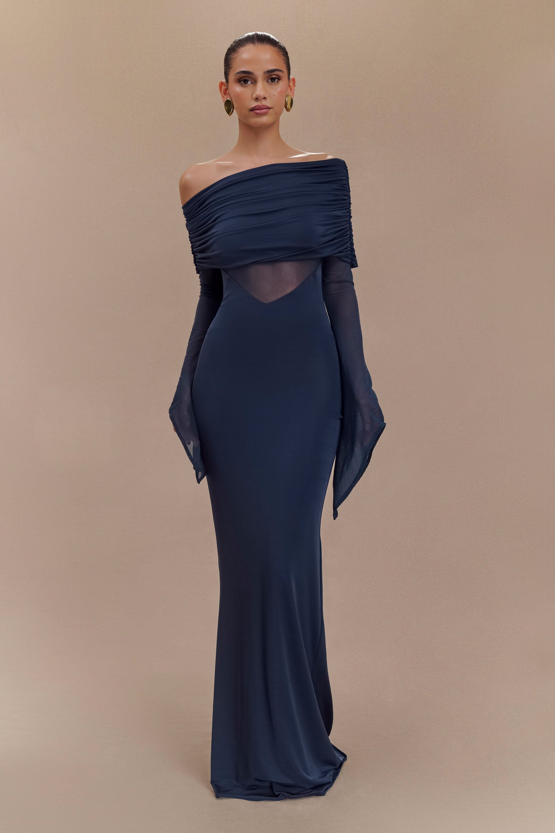 Kaitlin One Shoulder Slinky and Mesh Maxi Dress - Midnight Blue S Kaitlin One Shoulder Slinky and Mesh Maxi Dress - Midnight Blue S