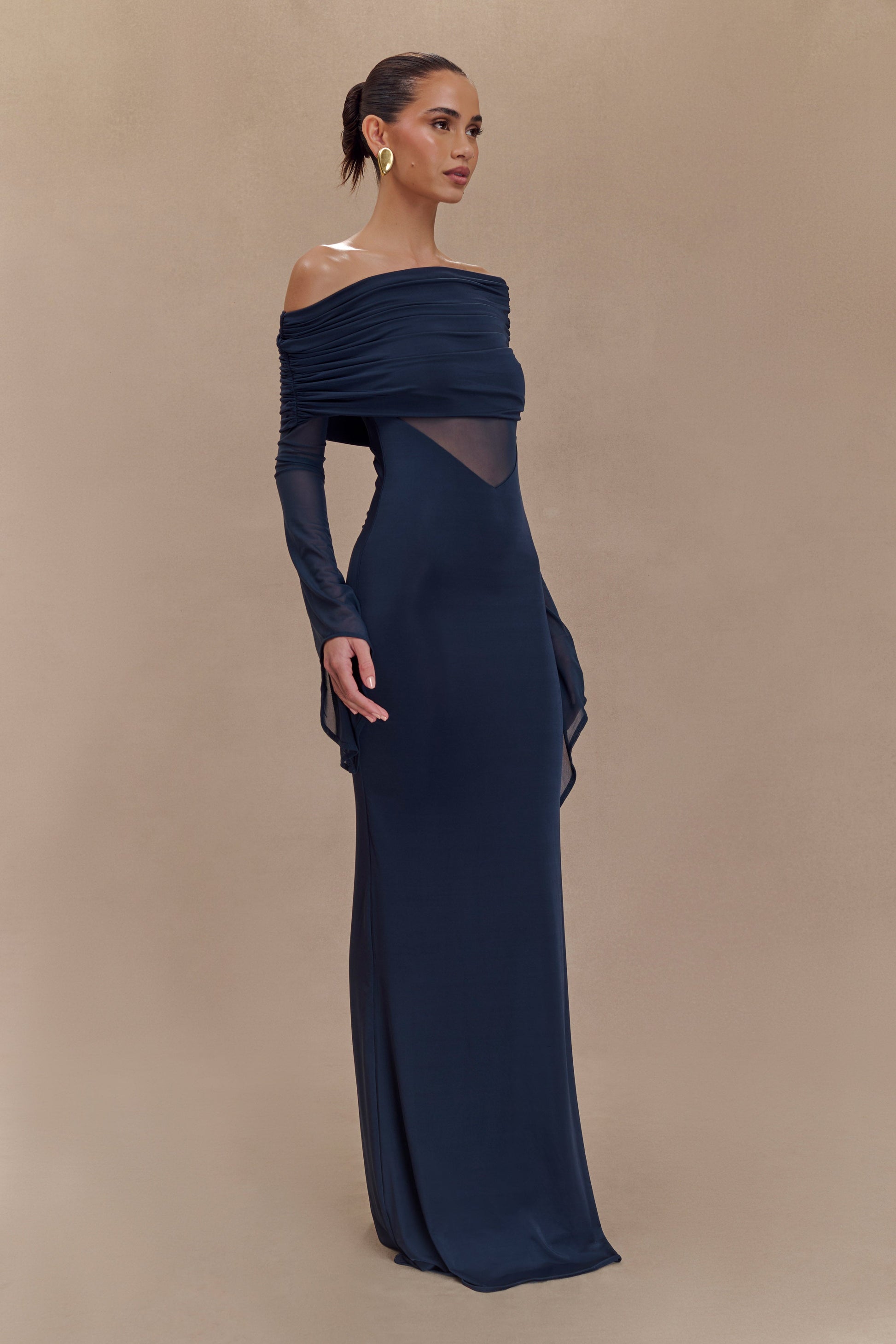 Kaitlin One Shoulder Slinky and Mesh Maxi Dress - Midnight Blue S Kaitlin One Shoulder Slinky and Mesh Maxi Dress - Midnight Blue S